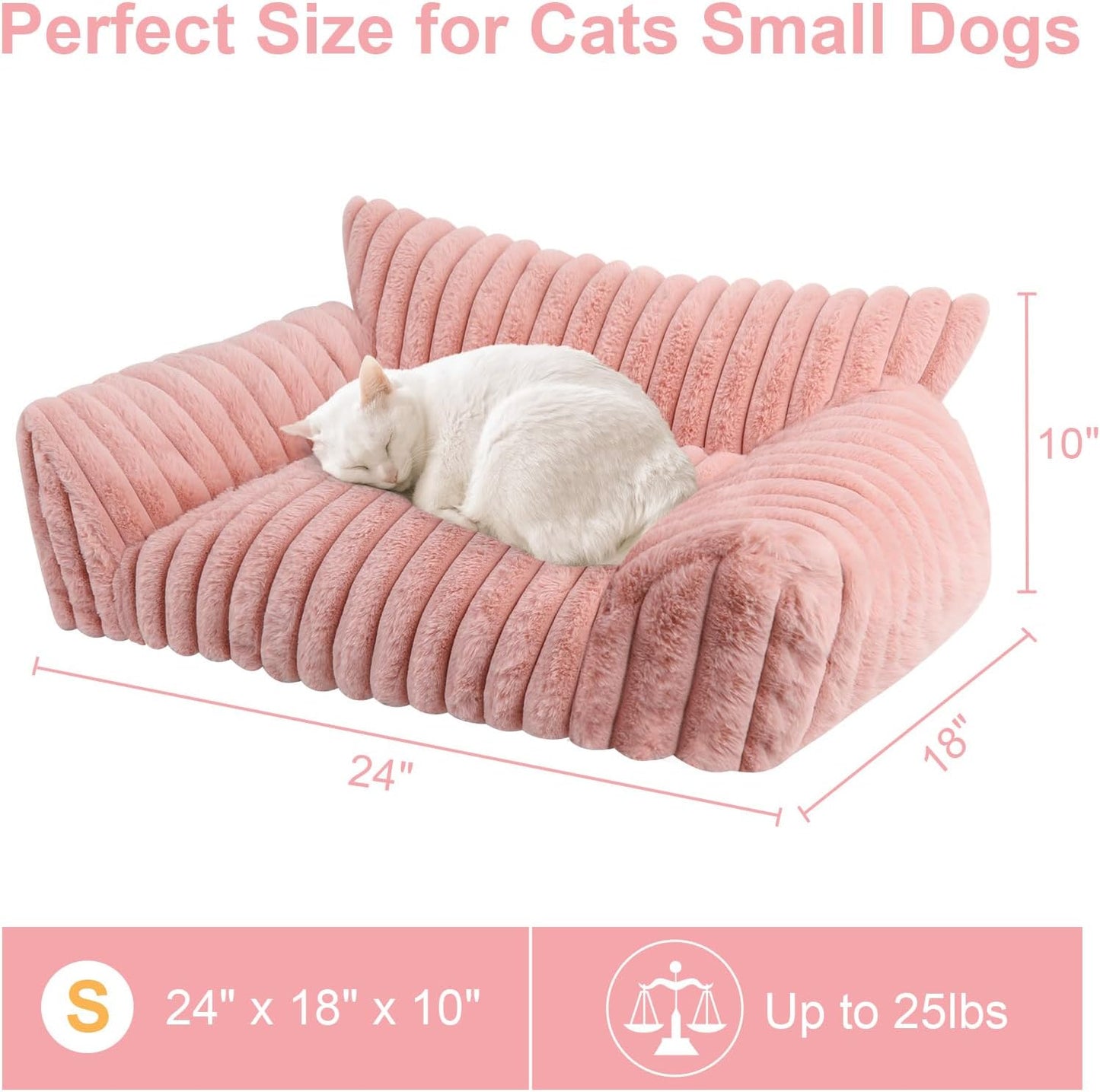 Cute Cat Couch Bed for Indoor Cats, Fluffy Pet Cat Sofa with Premium Soft Corduroy Fleece, Cute Small Dog Beds for Small Dogs, Fuzzy Puppy Chair with Removable Washable Cover (24x18x10,Pink)