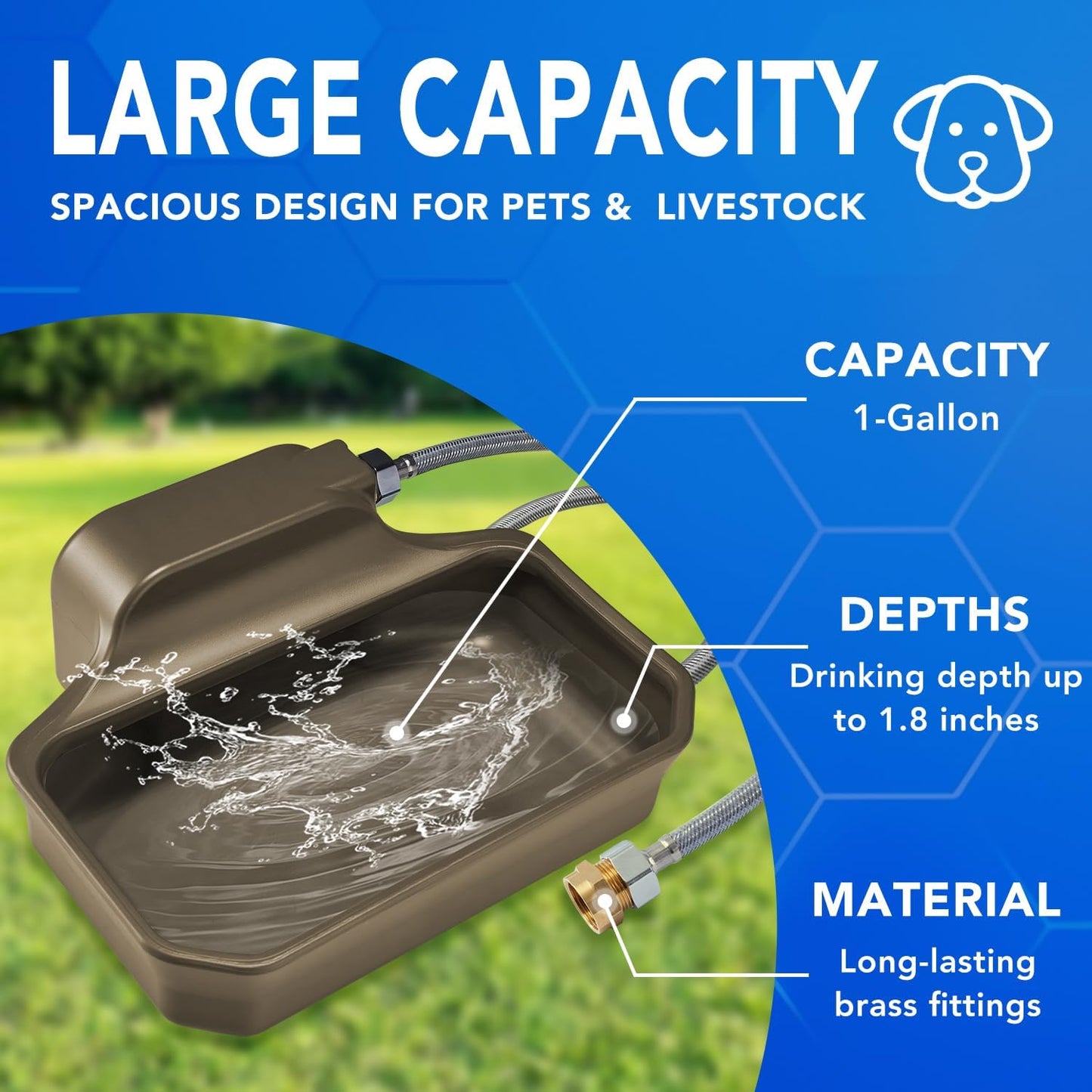 Automatic Dog Water Bowl Dispenser 1 Gallon - Outdoor Pet Water Bowl Feeder for Dogs, Livestock, Chicken - Auto Fill - Food Grade Material - Easy to Install - Brown