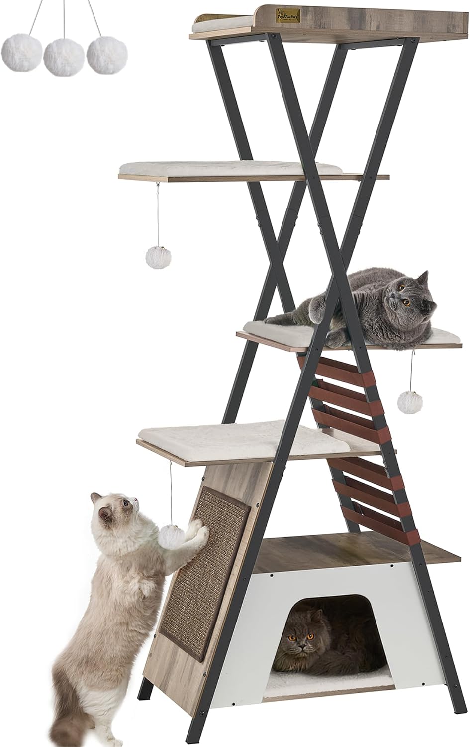 FourFurPets 72.4" Cat Tree, Modern Cat Tower for Indoor Cats, Multi-Level Cat Condo with Caves, Tall Cat Tree with Cat Scratching Board, Wooden Cat Tower with Large Perch, Removable Pads, Camel Brown