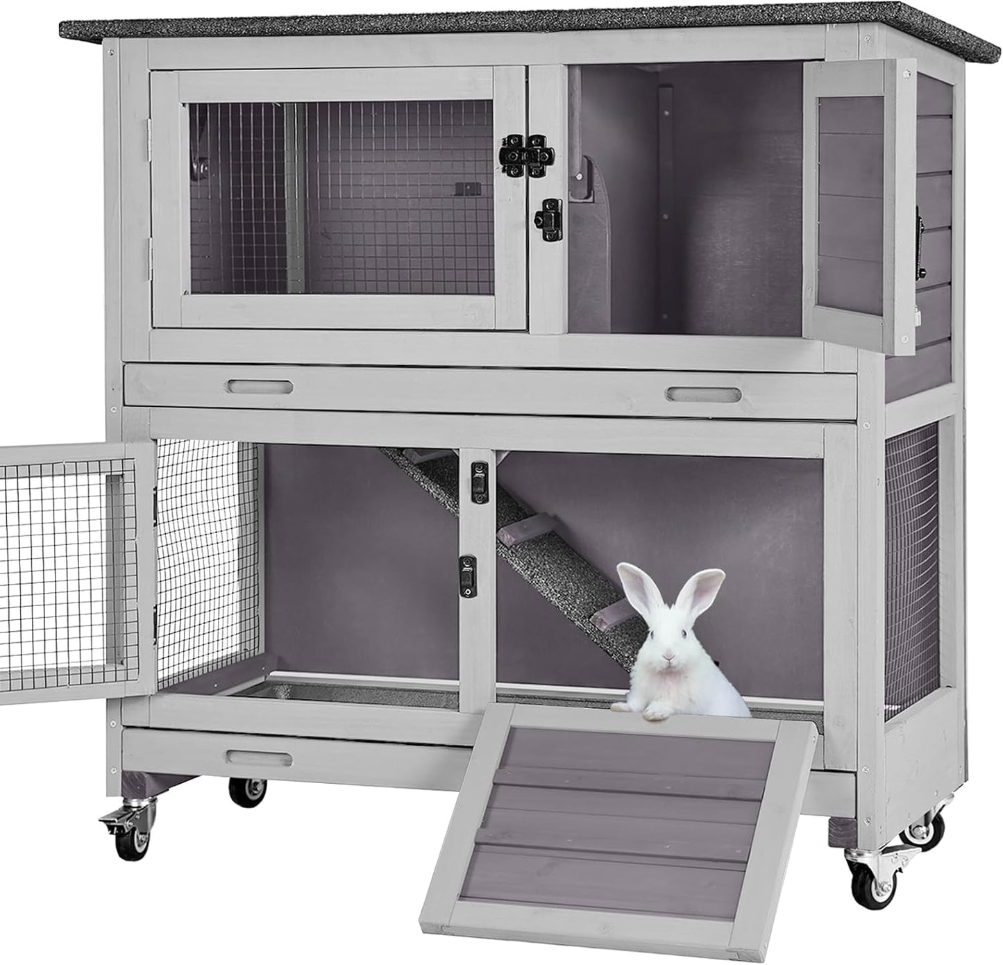 Rabbit Hutch Indoor Outdoor, Bunny Cage with Casters, Guinea Pig Cage Bunny Hutch with Two Plastic Trays 36inch