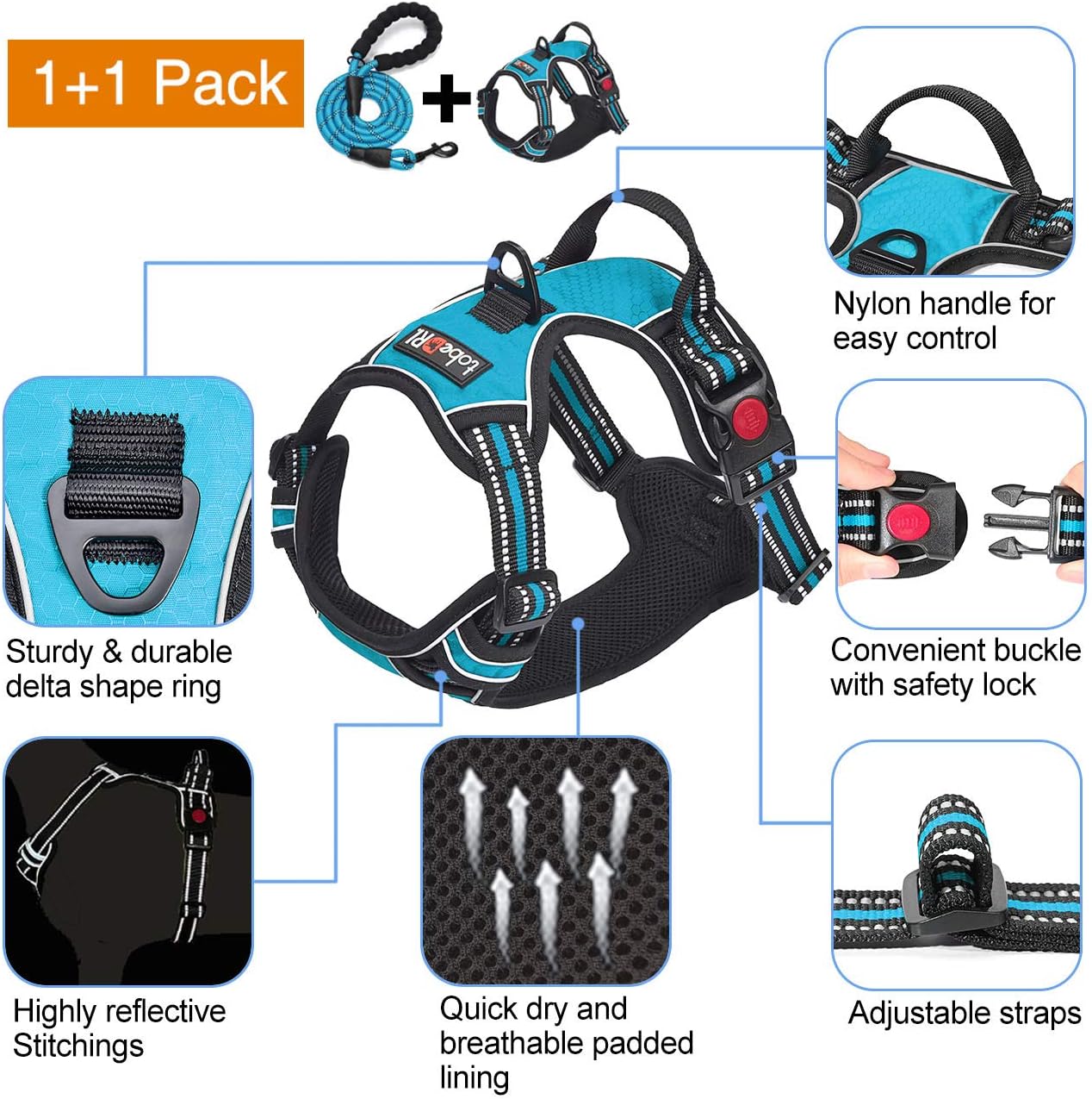 No Pull Dog Harness Adjustable Reflective Oxford Easy Control Medium Large Dog Harness with A Free Heavy Duty 5ft Dog Leash (L (Neck: 18"-25.5", Chest: 24.5"-33"), Blue Harness+Leash)