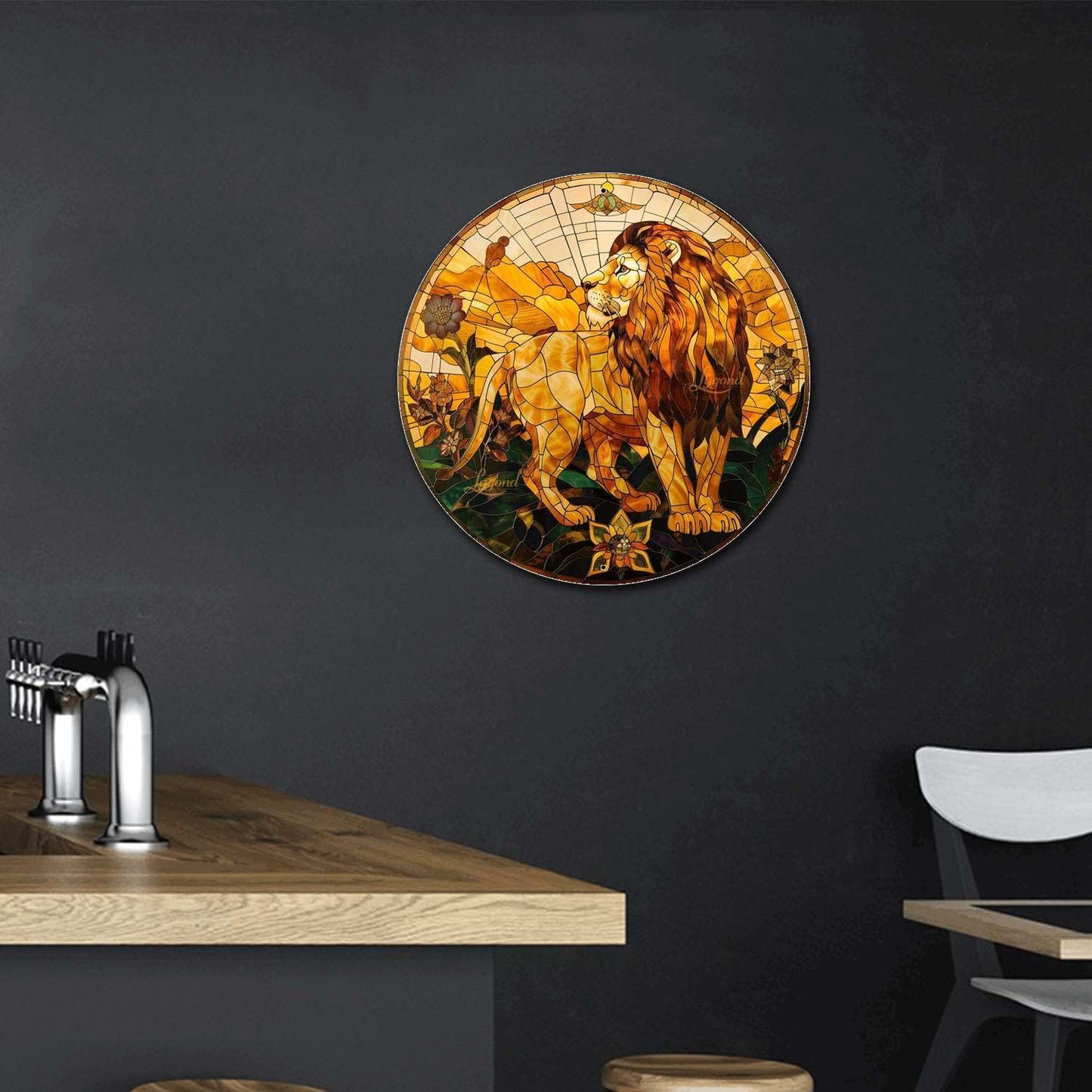 Lygond Metal Sign Tin Sign Circular Stained Glass Lion Greenhouse Decor For Pub 12×12 Inches