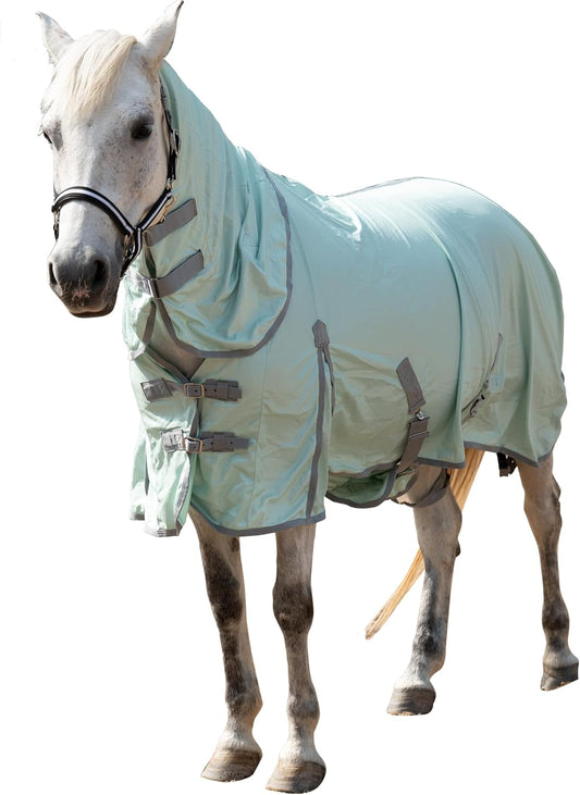 Horse Fly Sheet with Detachable Neck Cover & Belly Wrap, Adjustable Fly Sheet for Horses, Ventilated Airflow Mesh Equine Cooling Summer Flysheet Green 81