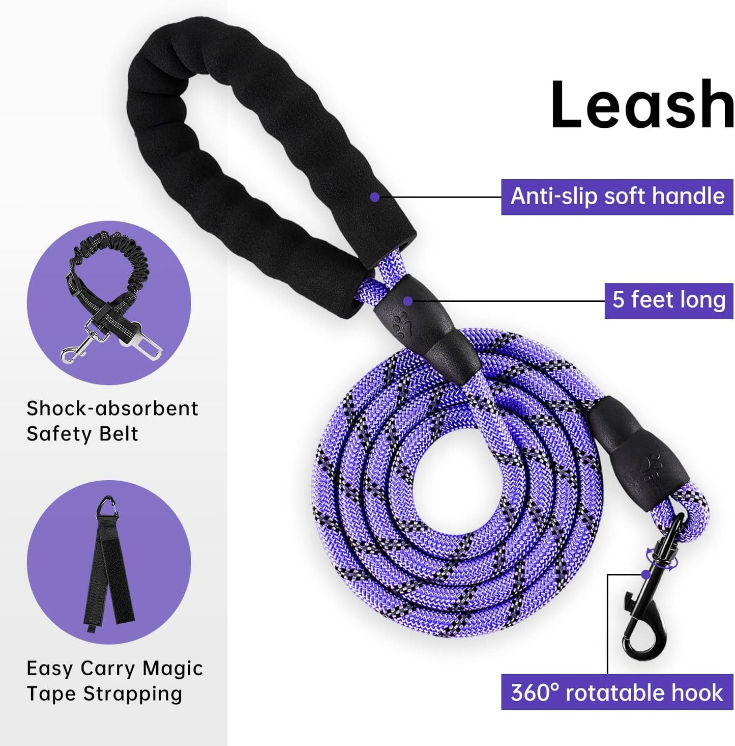 IVY&LANE No Pull Dog Harness for Large Dogs, Dog Vest Harness with Leash, Safety Belt and Storage Strap, Fully Adjustable Harness, 360° Reflective Strip, Soft Handle (Purple, XL)