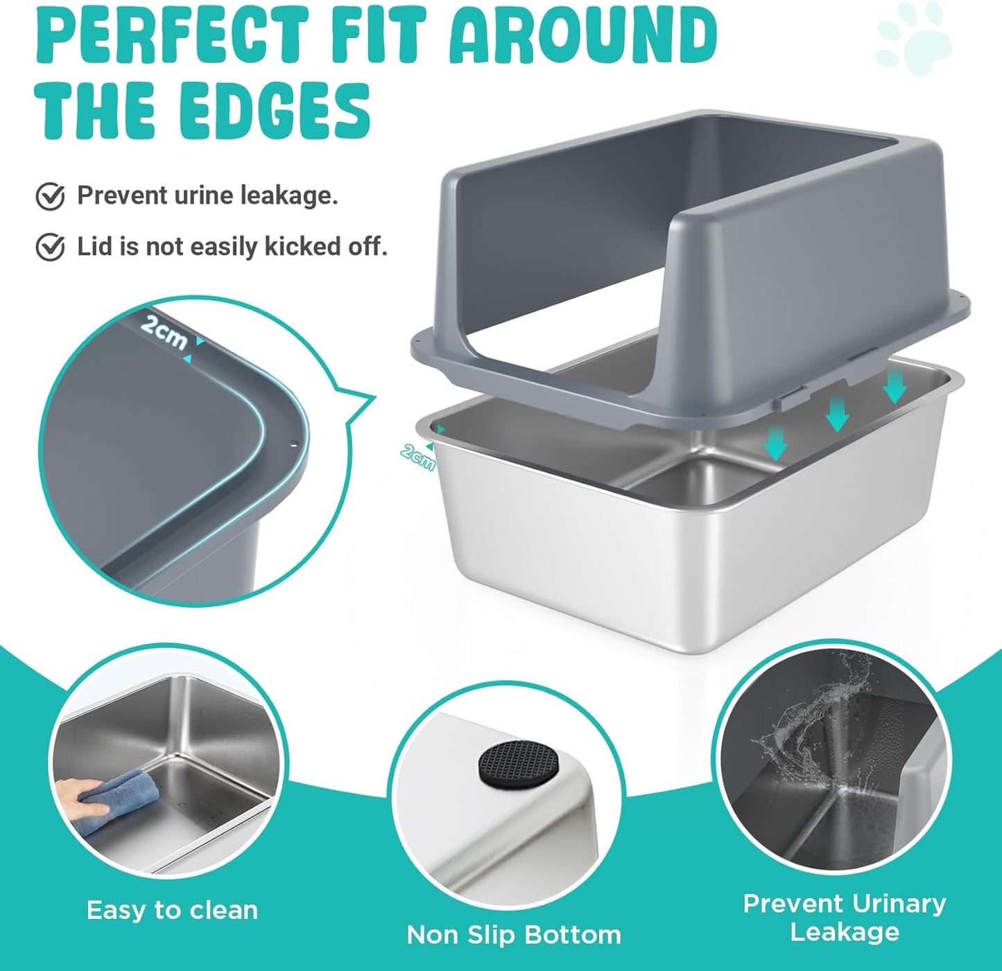 Litter Box with Lid, Stainless Steel Litter Box, 12" Metal Litter Pan High Sides, Small Litter Tray for Kittens, Cat Litter Tray Covered Grey, Easy Clean