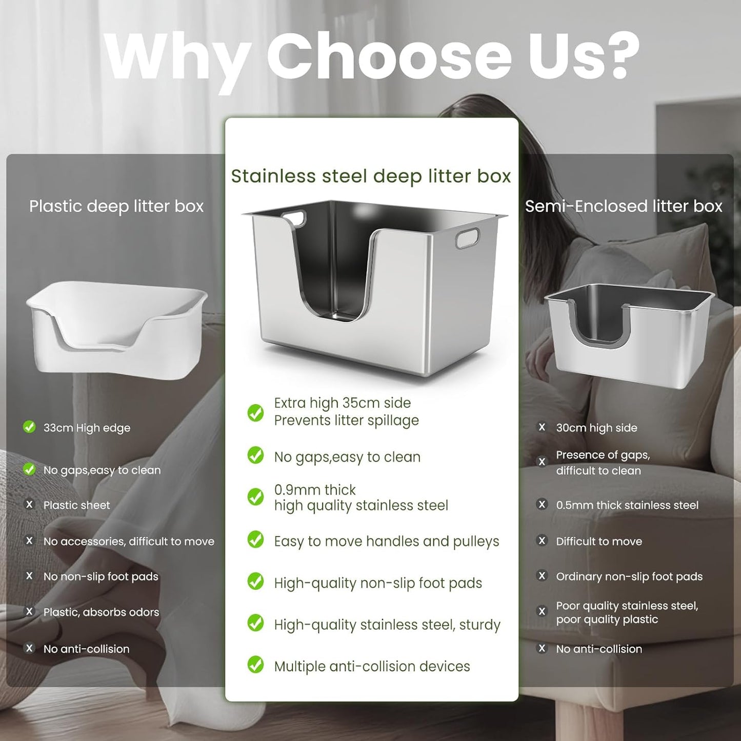 Enclosed Stainless Steel Cat Litter Box 13.8” High Sides, Extra Large Litter Box for Big Cats, XL Metal Kitty Litter Pan Pet Toilet with Wheels for Easy Mobility, Anti-Leakage, Non-Sticky, Easy Clean