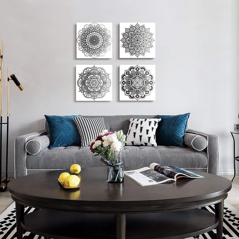 Black and white art Decorative pattern Canvas Wall Art for Living Room Bedroom wall decor Bathroom decorations,4 piece Modern Home decoration inspirational wall paintings Posters Pictures artwork