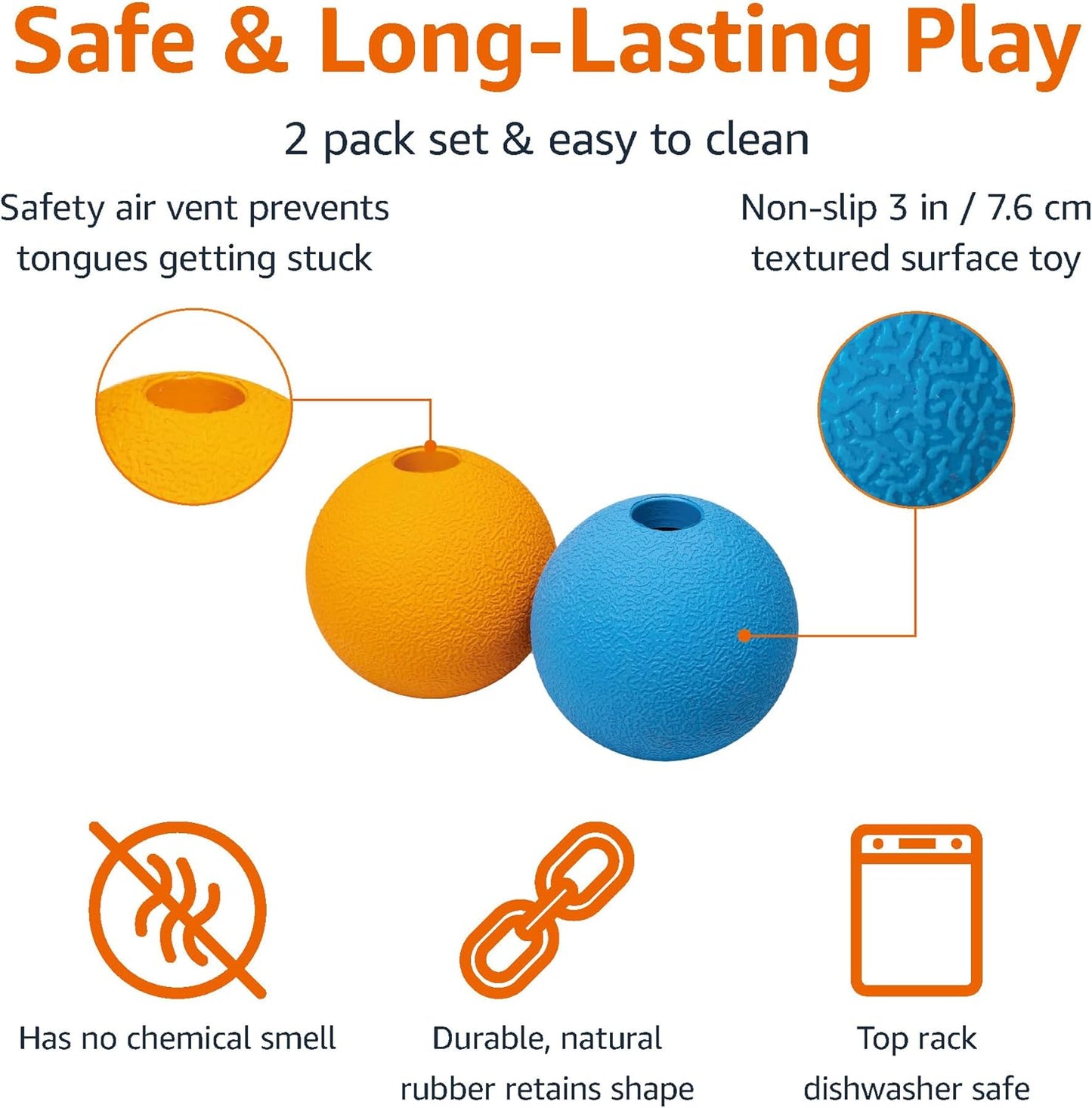 Amazon Basics Dog Toys, Interactive Fetch Rubber Balls, (Pack of 2), 3 inch, Blue, Orange