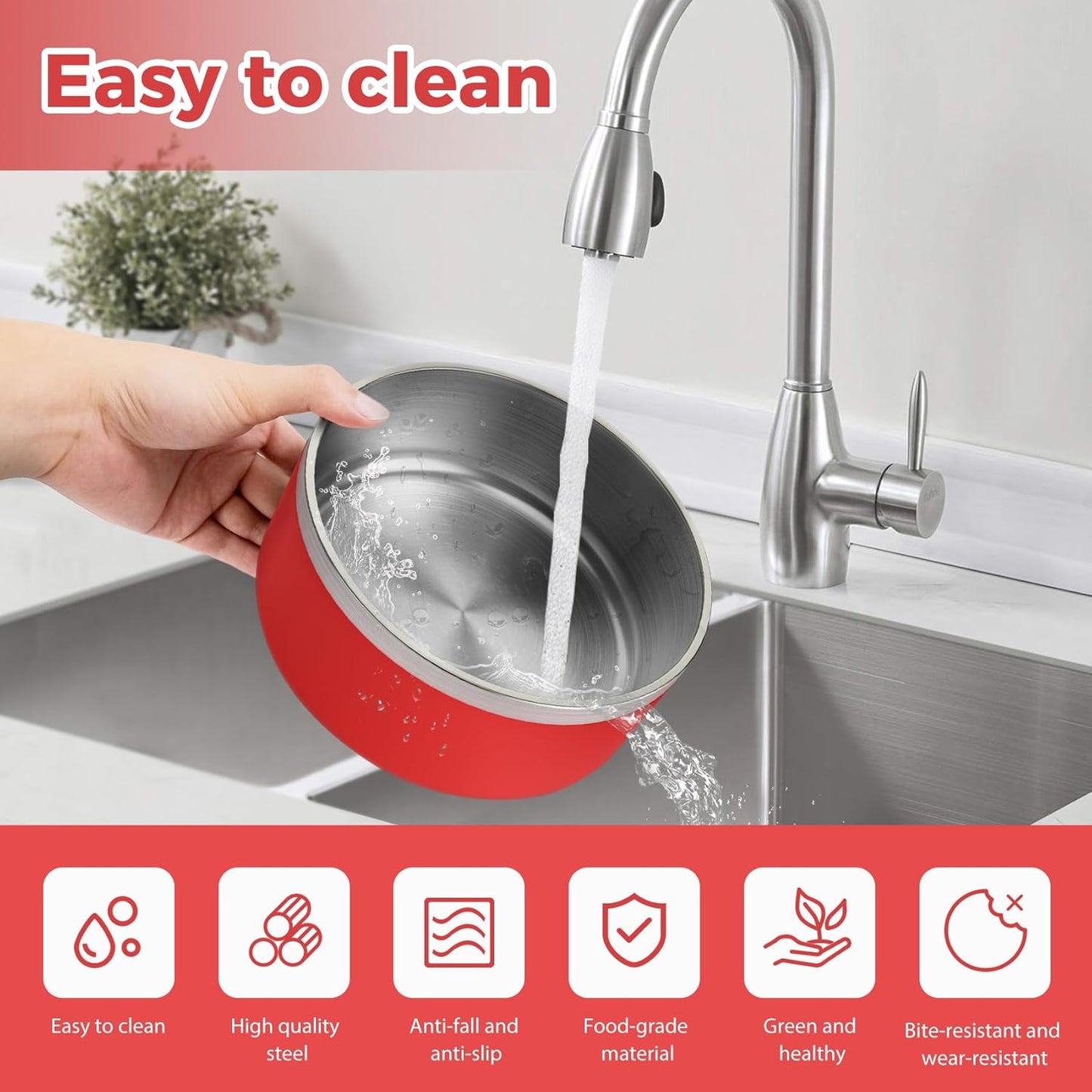 Stainless Steel Dog Bowls for Large Dogs - Metal Pet Dish, Water & Food, Insulated & Non-Slip, Easy to Clean, 64oz, Red