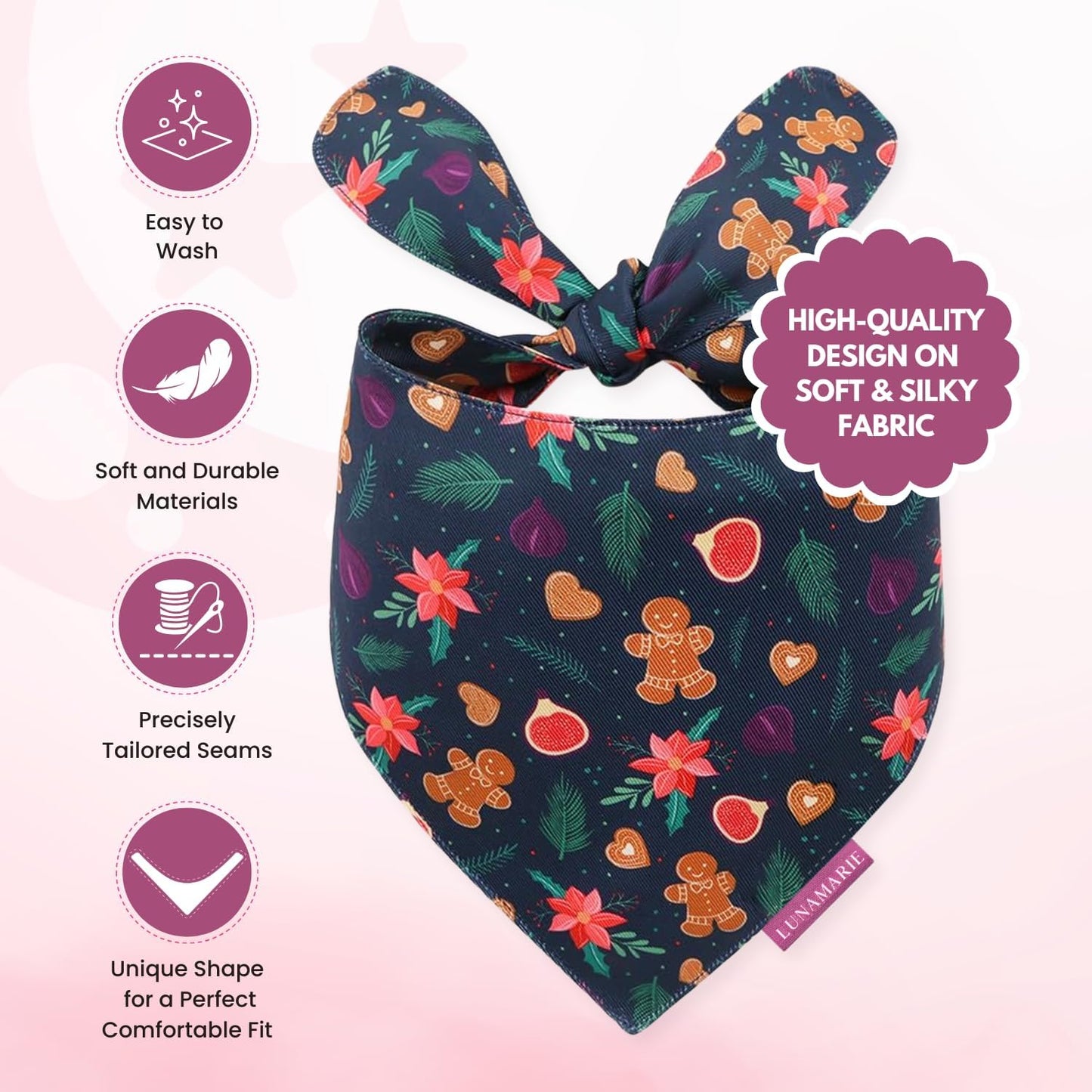 LunaMarie - Luxury Pet Birthday Bandanas -Premium & Silky Poly Fabric | 100% Handmade | Custom Shape Dual Layered (Gingerbread & Figs, Small)