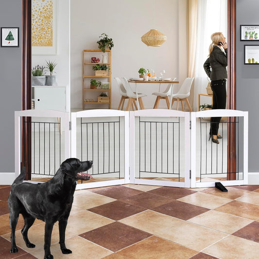 ZJSF Freestanding Dog Fence Indoor, Foldable Dog Gate for Doorways, Stairs or Hallways, Sturdy Wood Extra Wide Pet Gate with Support Feet for The House, White, 24 "Height-4 Panels