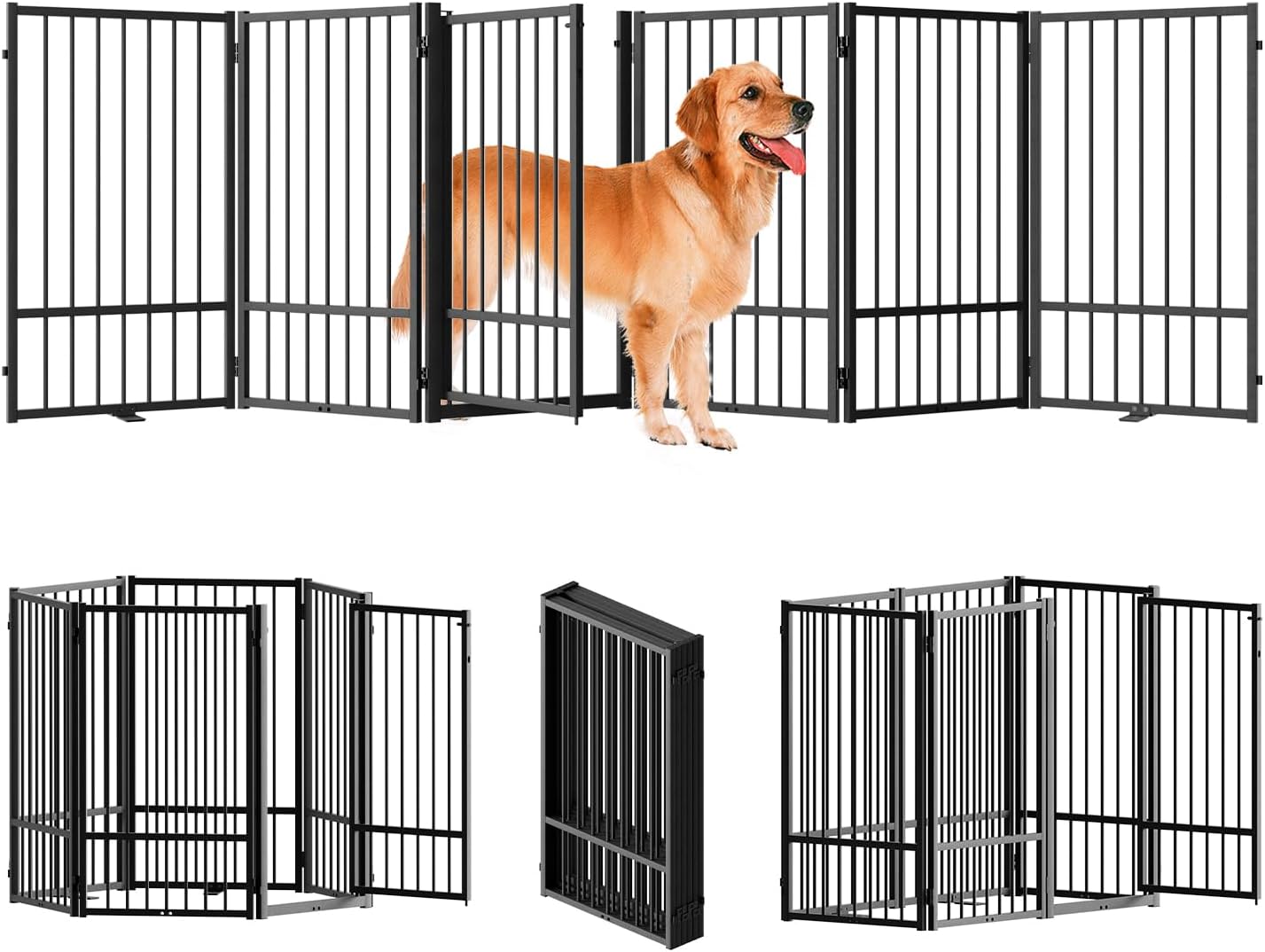 Full Metal Freestanding Dog Gate with Door, 36''Height Foldable Pet Dog Fence for Indoor & Outdoor, 6 Panels Extra Wide Free Standing TallDog Gates for Doorways,House,Stairs,Porch,Deck,Yard