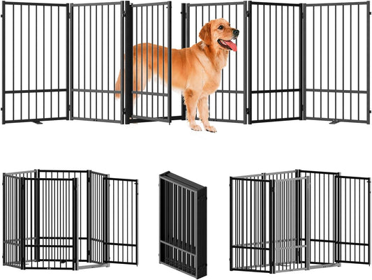 Full Metal Freestanding Dog Gate with Door, 36''Height Foldable Pet Dog Fence for Indoor & Outdoor, 6 Panels Extra Wide Free Standing TallDog Gates for Doorways,House,Stairs,Porch,Deck,Yard