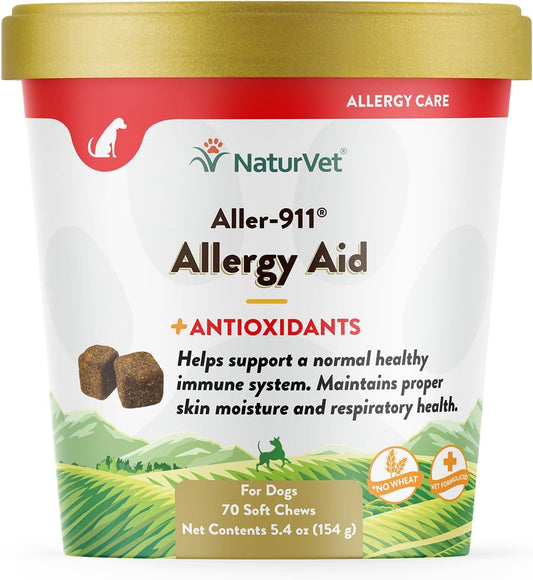 NaturVet Aller-911 Advanced Allergy Aid for Dogs, Cats – Antioxidant-Rich Pet Supplement with Omegas, DHA, EPA – Helps Support Dog Immune System, Cat Respiratory Health, Skin Moisture 70 Soft Chews