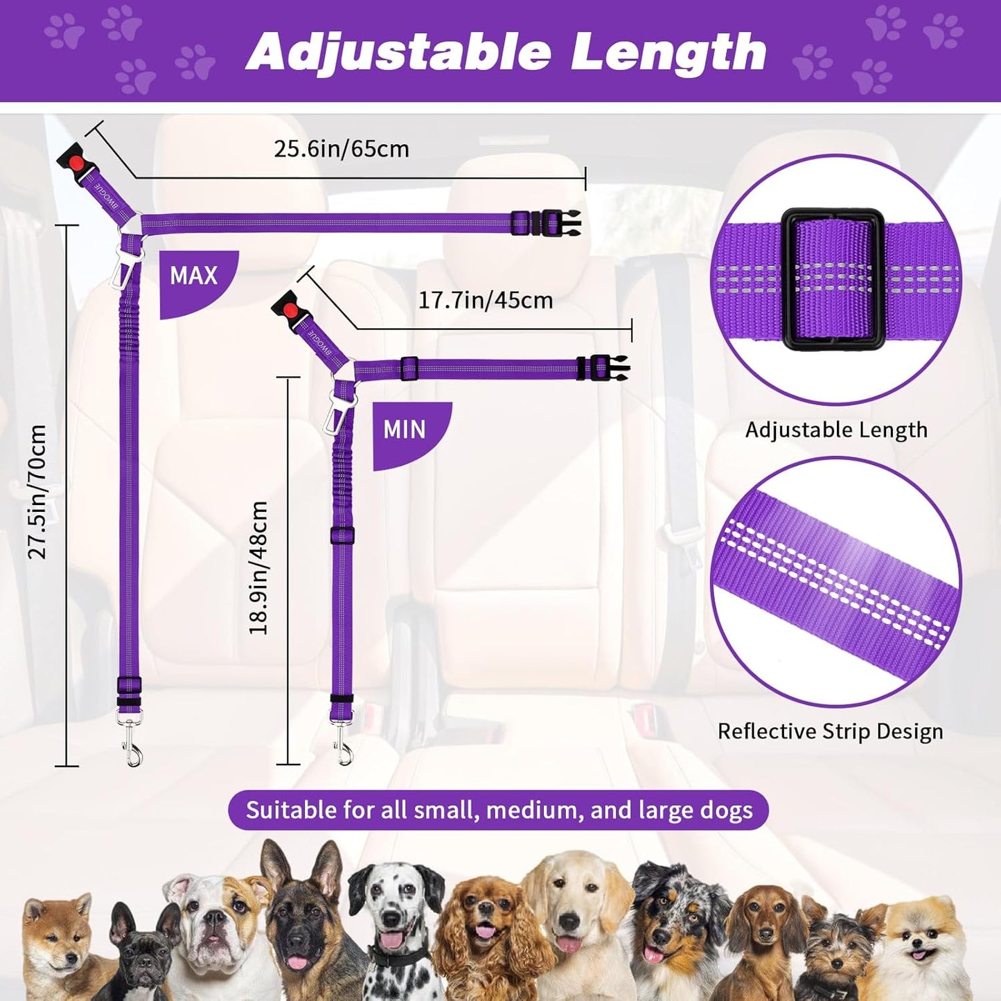 BWOGUE Pet Dog Cat Seat Belt Reflective Car Dog Headrest Restraint Leash Elastic Buffer Bungee Adjustable Tangle-Free Safety Leads Vehicle Seatbelt Harness for Small, Medium and Large Dogs (1 Pack)