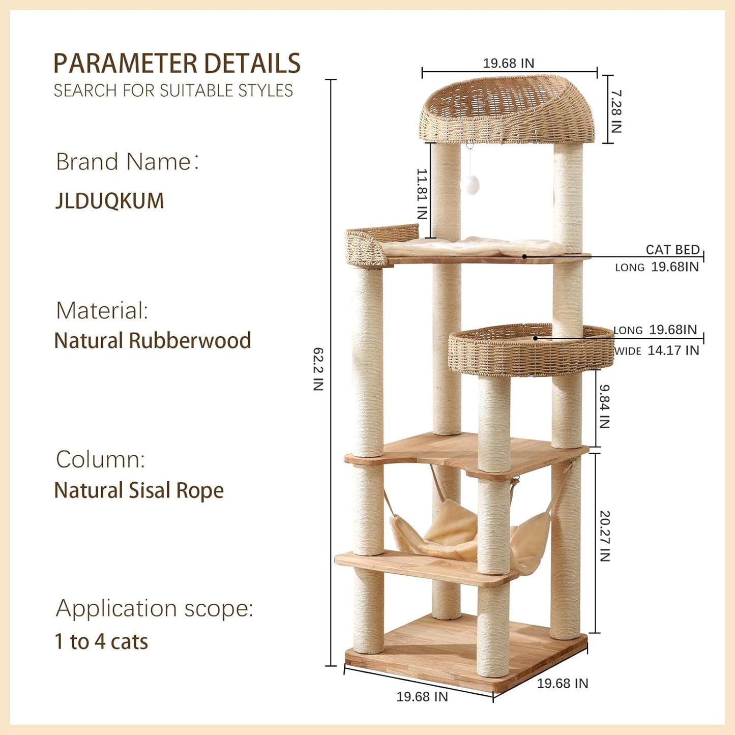 Wooden Cat Tree for Indoor Cats, 62-Inch Tall Cat Tower with Scratching Post for Large Cats, Solid Wood Cat Condo with Handwoven Basket, Modern Cat Tree Tower with Hammock, Easy to Clean