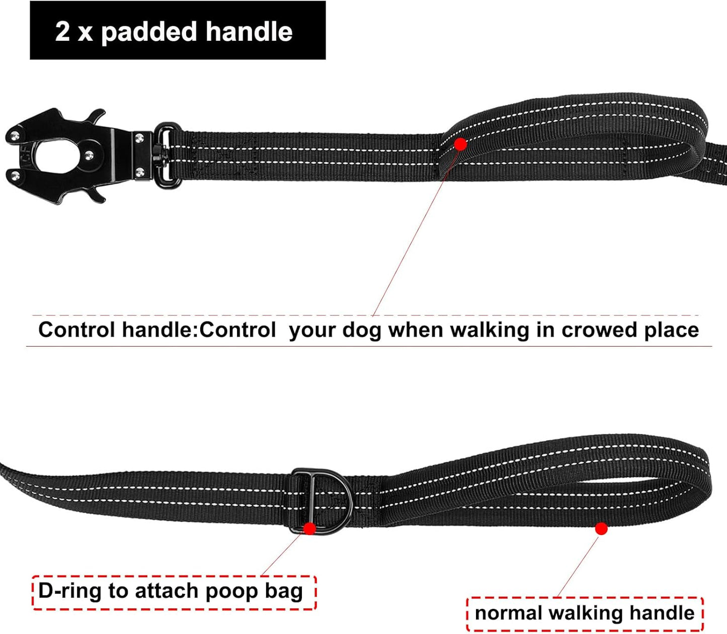 ICEFANG Tactical Dog Leash,K9 Training Walking Bungee Lead with 2 Control Handle,Heavy Duty Quick Release Metal Clasp,Hands Free D-Ring for Medium Large Dogs (4ft,Reflective Black)