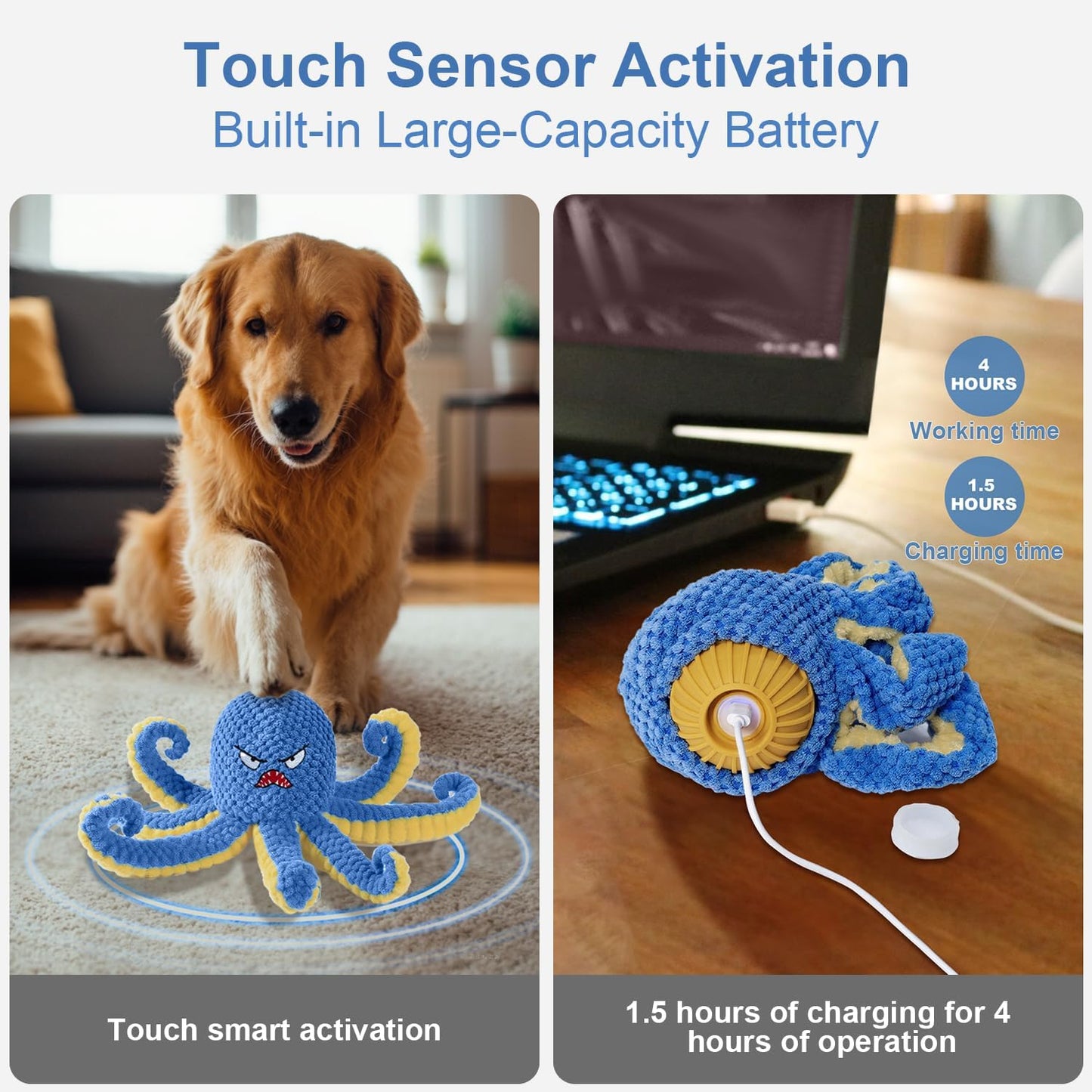 Interactive Dog Toys Octopus,Durable Automatic Jumping Dog Toy to Keep Them Busy,Squeaky Moving Tug of War Doggie Toy,USB Rechargeable Puppy Toys (Blue)