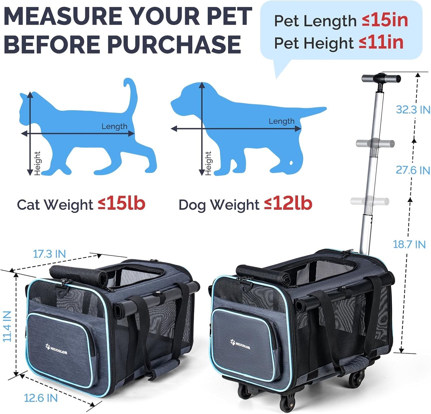 MIU Color Rolling Pet Carrier with Wheels Under 15 lbs, Airline Approved Foldable Soft Carrier for Small Dogs and Cats, Dog Carrier with Wheels for Car Road Trips Travel Camping Outdoor