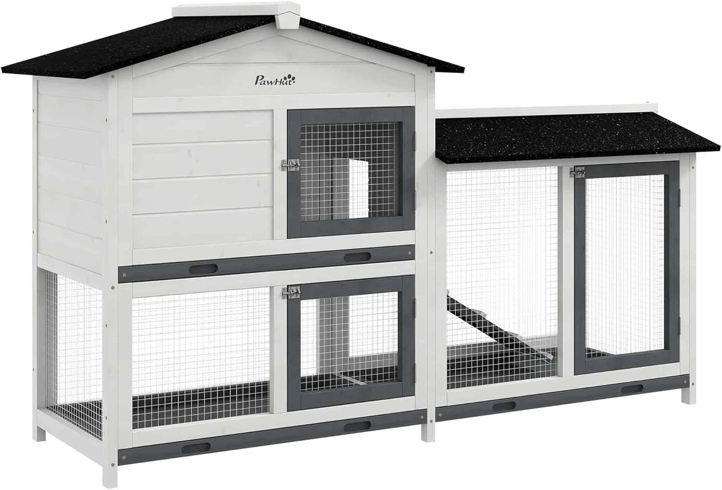 PawHut 62" Rabbit Hutch, Wooden Bunny Hutch, Guinea Pig Cage, Small Animal Enclosure with Run Area, Removable Tray, Asphalt Roof, Lockable Doors and Ramp, for Rabbits, Chickens, Ducks, White
