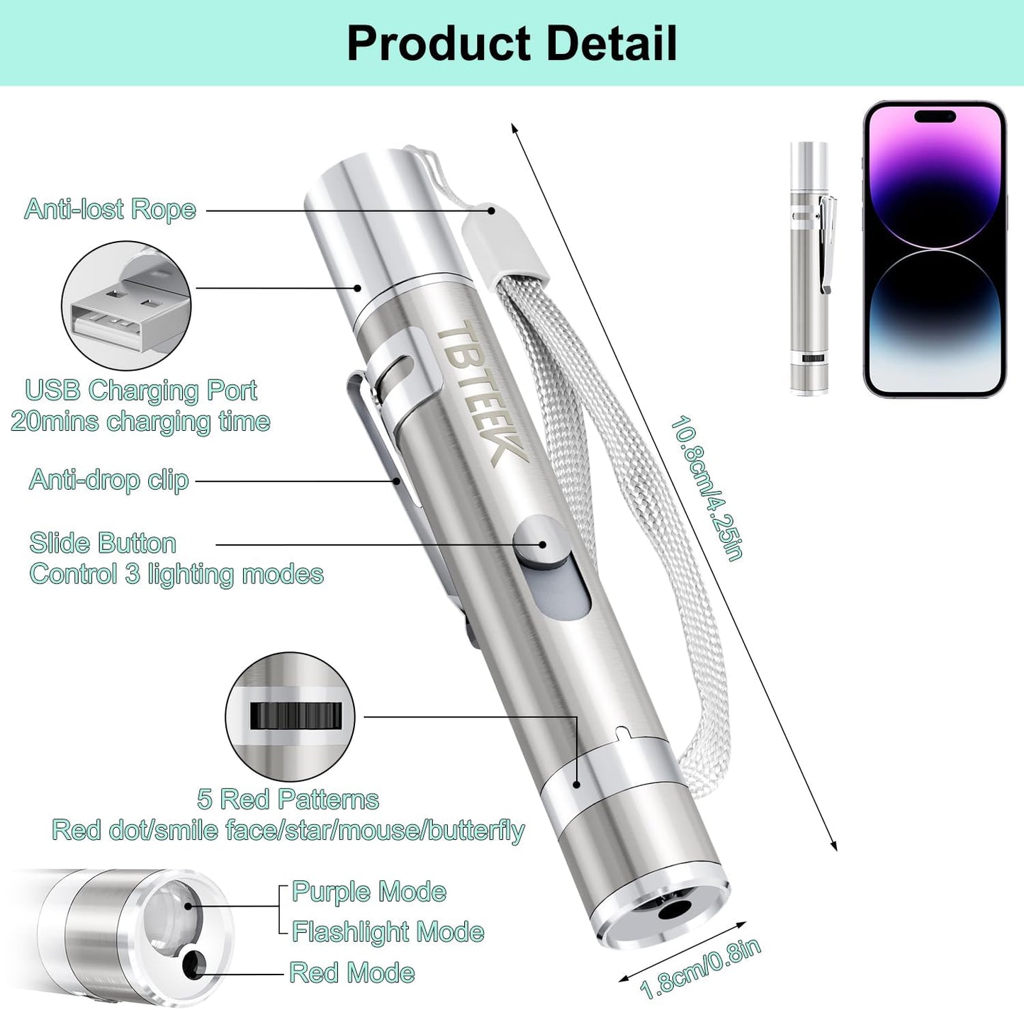 TBTeek Cat Toy, USB Rechargeable Interactive Kitten Toy, 7 Light Modes & Adjustable Patterns, Portable Pet Cat Mouse Toy for Fun Chase Play Exercise (2 Pack)