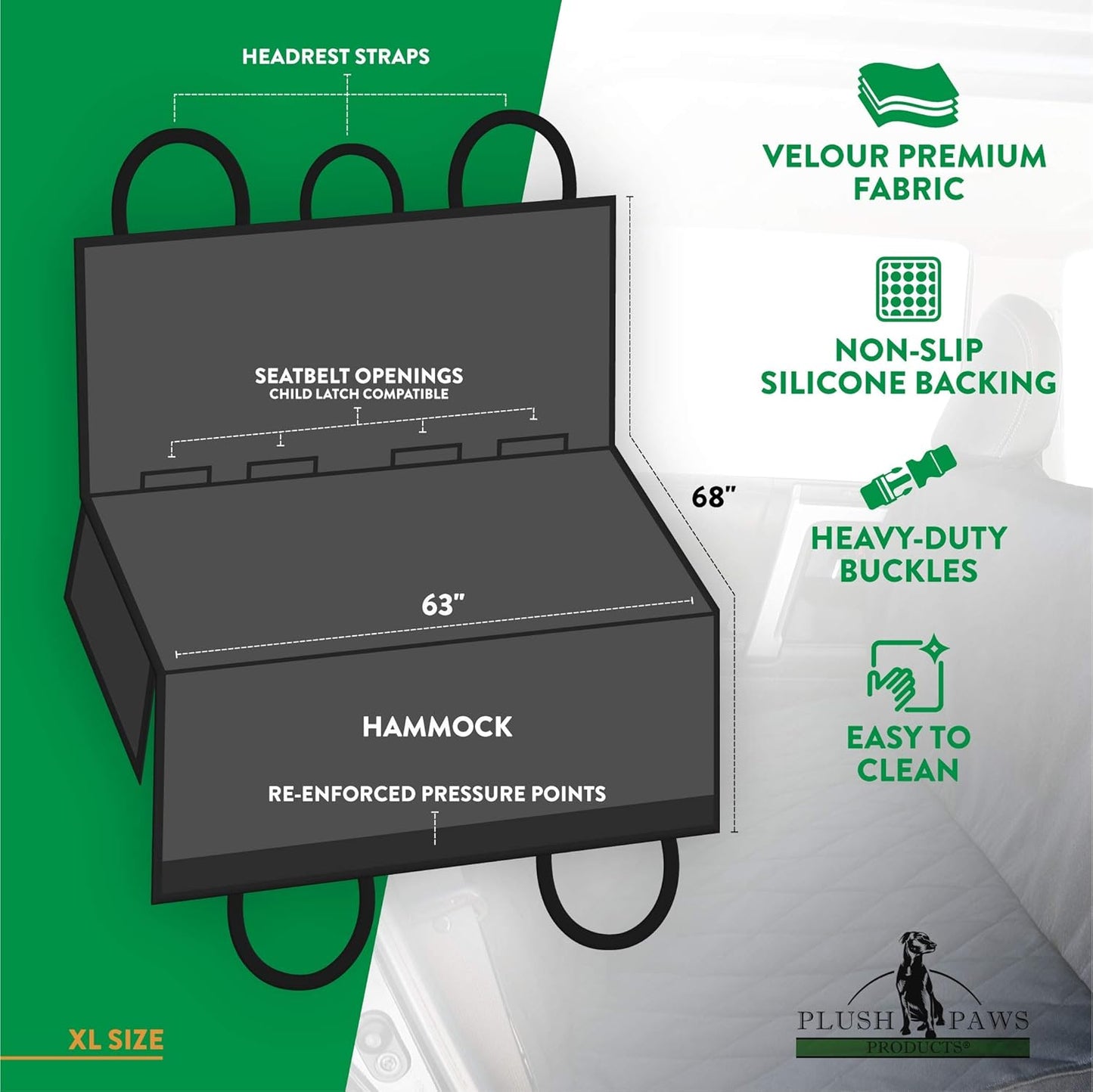 Plush Paws Products Velvet Rear Car Seat Protector w/Hammock | Washable & Waterproof Back Seat Dog Cover for Car, Truck, & SUV | Nonslip, Tear Resistant Pet Seat Cover | X-Large London Grey