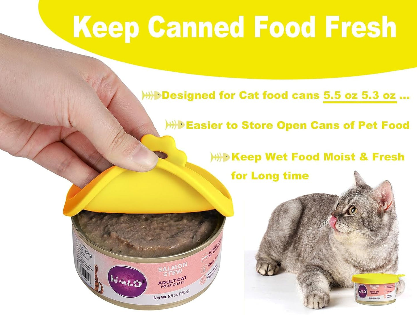 Comtim Cat Food Can Covers Lids for 5.5 oz Cans, 2 Pack Silicone Cat Food Can Lids for 5.5 oz 5.3 oz Cans...Pet Food Can Covers Reusable Can Toppers Savers for Wet Food (Yellow)