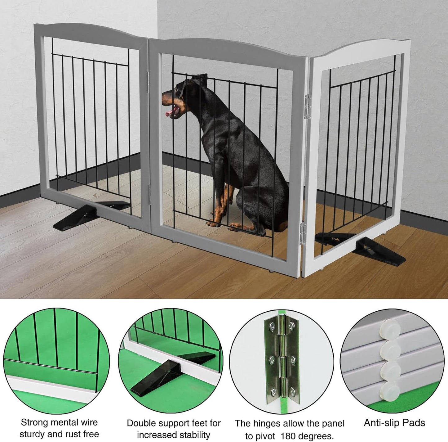 ZJSF Freestanding Dog Fence Indoor, Foldable Dog Gate for Doorways, Stairs or Hallways, Sturdy Wood Extra Wide Pet Gate with Support Feet for The House, Grey, 32 "Height-3 Panels