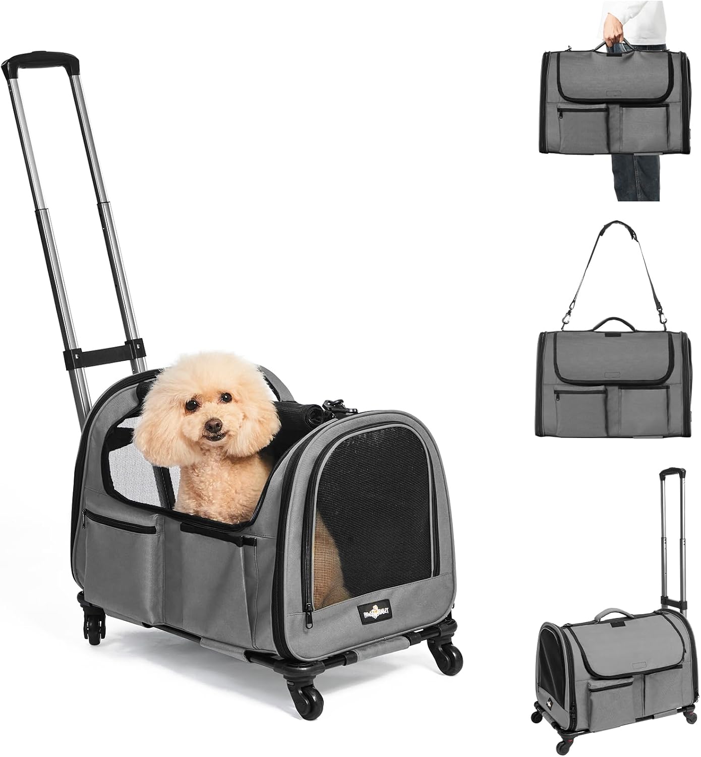 Large Pet Carrier with Wheels, Foldable Rolling Dog Carrier with Wheels and Big Pocket, Cat Rolling Bag 21"x13"x13" for 2 Cats &Dogs, for Travel, Outdoor, Vet Visits, Camping, Indoor. Gray