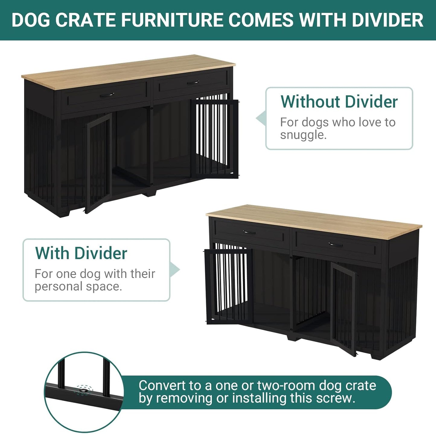 Large Dog Crate with Double Rooms, 72" Heavy Duty Wooden Dog Cage Furniutre Dog Crate Kennel w/Drawers & Removable Divider,Indoor Luxury Dog House for Large Dogs,Black