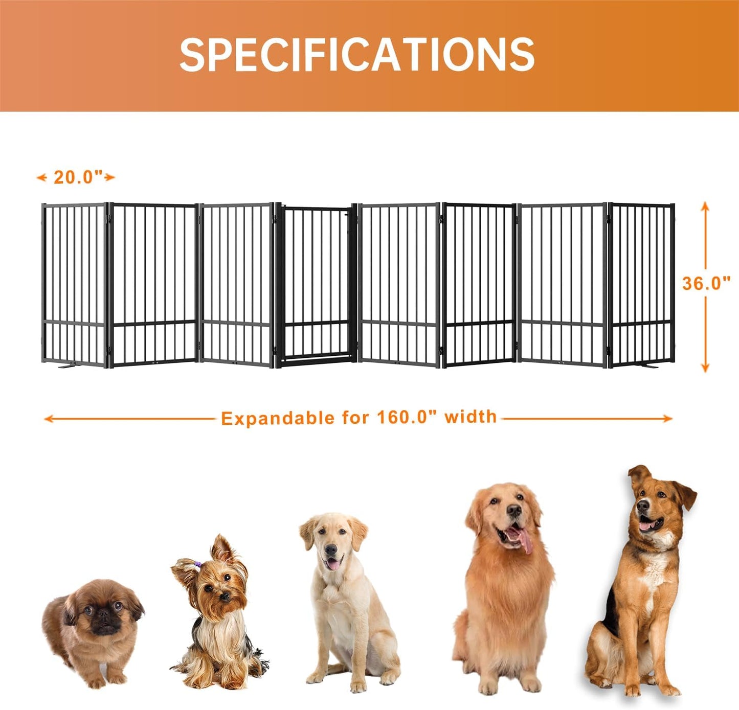 Full Metal Freestanding Dog Gate with Door, 36''Height Foldable Pet Dog Fence for Indoor & Outdoor, 8 Panels Extra Wide Free Standing TallDog Gates for Doorways,House,Stairs,Porch,Deck,Yard