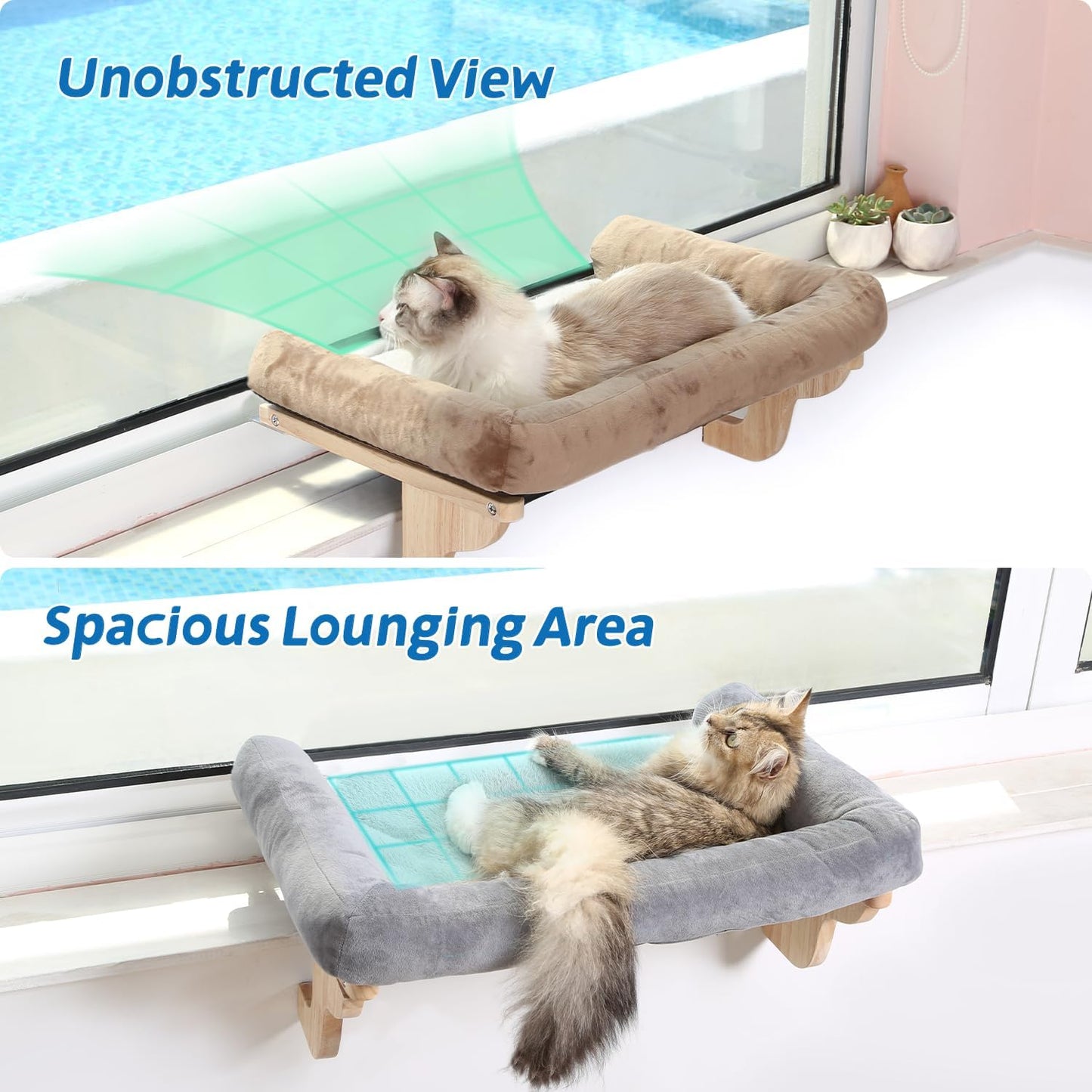 Cat Perch for Window Sill with Bolster - Orthopedic Hammock Design with Premium Hardwood & Robust Metal Frame - Cat Window Seat for Large Cats and Kittens - Natural Color Wood with Gray Bed