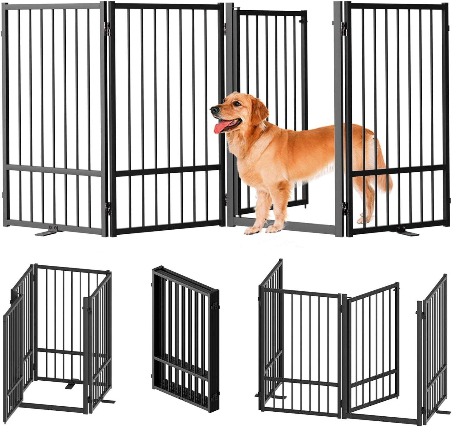 Full Metal Freestanding Dog Gate with Door, 32''Height Foldable Pet Dog Fence for Indoor & Outdoor, 4 Panels Extra Wide Free Standing TallDog Gates for Doorways,House,Stairs,Porch,Deck,Yard