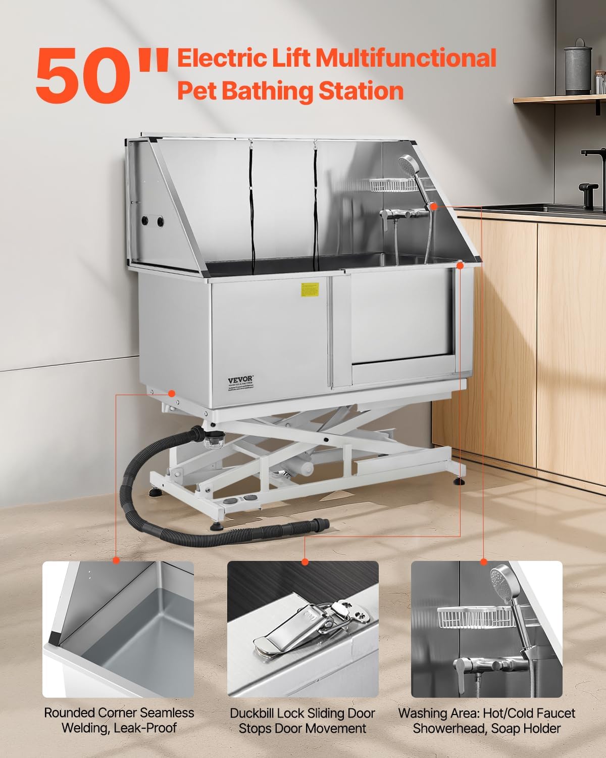 VEVOR Electric Lift Dog Washing Station, 50 inch Professional Stainless Steel Pet Grooming Tub w/PE Water Filter Board, Faucet & Showerhead Dog Bathtub Washing Sink for Multiple Pets (Right Door)