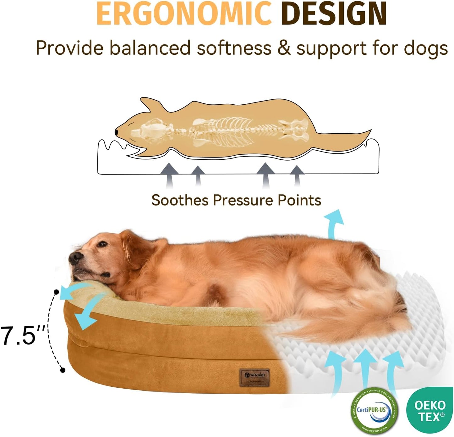 Orthopedic Waterproof Large Dog Bed: Memory Foam Washable Dog Bed with Bolsters - XL Removable Washable Cover for Medium Large Sized Pet - Non-Slip Bottom - Orange