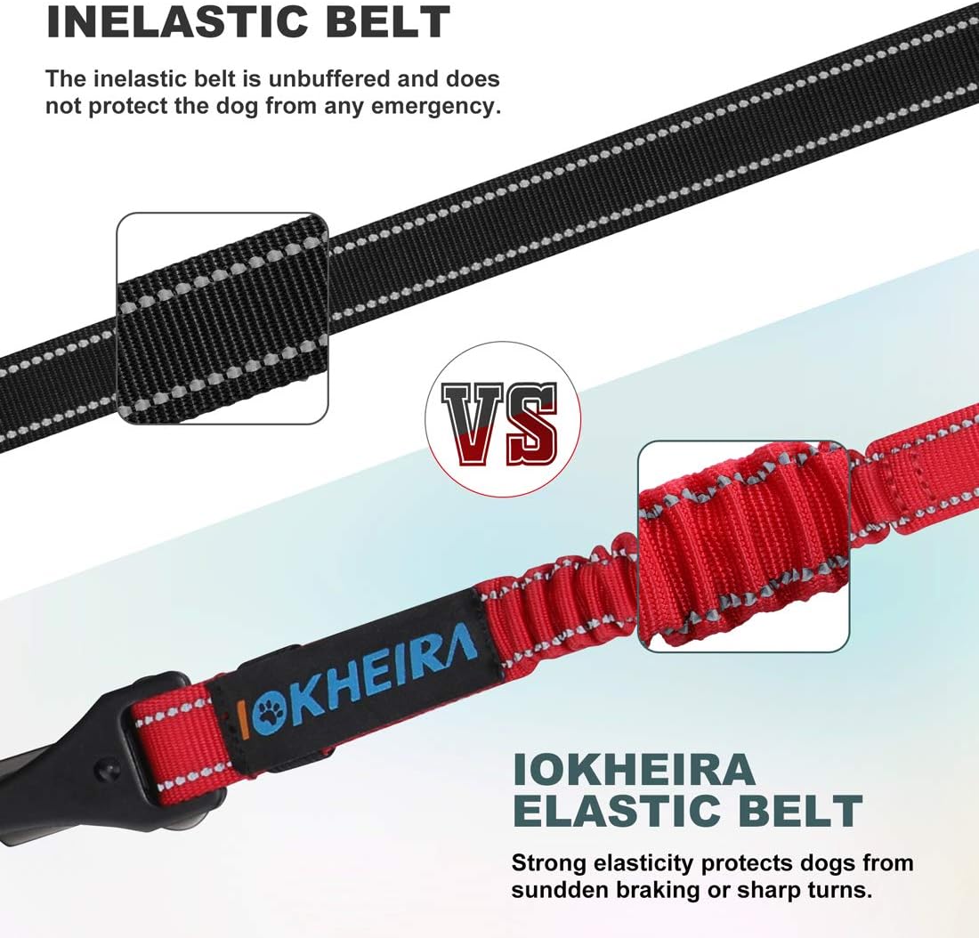 IOKHEIRA Dog Seat Belt 3-in-1 Car Harness for Dogs Adjustable Safety Seatbelt for Car Durable Nylon Reflective Bungee Fabric Tether with Clip Hook Latch & Buckle, Swivel Zinc Alloy Carabiner Red