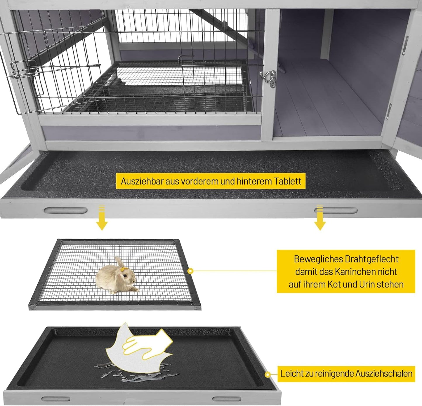 Aivituvin Rabbit Hutch Rabbit Cage Outdoor & Indoor on Wheels Bunny cage with Deep No Leak Pull Out Tray,Upgrade Version (Gray)