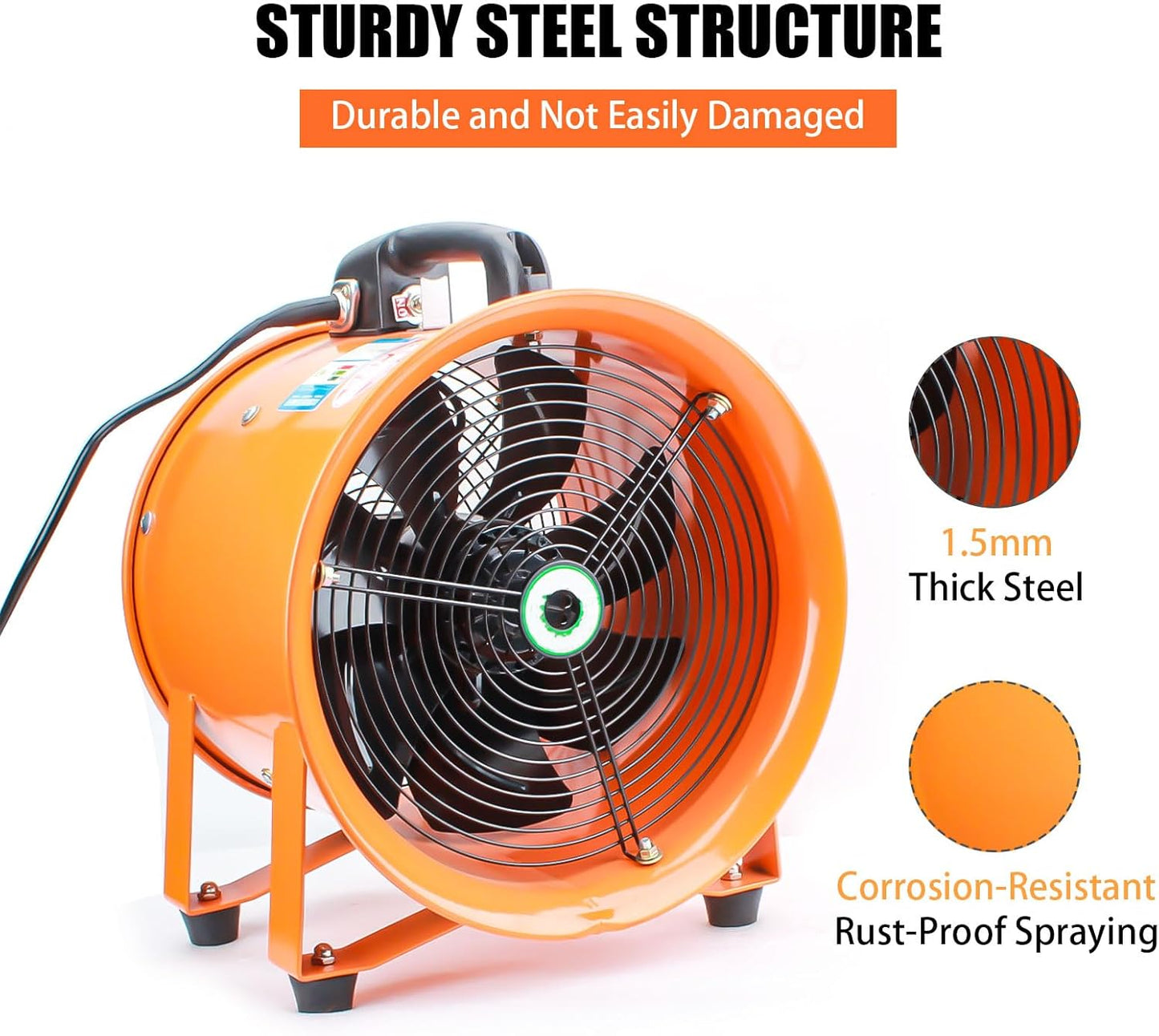 10-Inch High-Velocity Portable Utility Blower Fan, Industrial Exhaust Fan with 16.4ft Flexible Duct Hose, 3150 RPM Low-Noise Ventilator for Basements, Workshops, Warehouses, and Confined Spaces