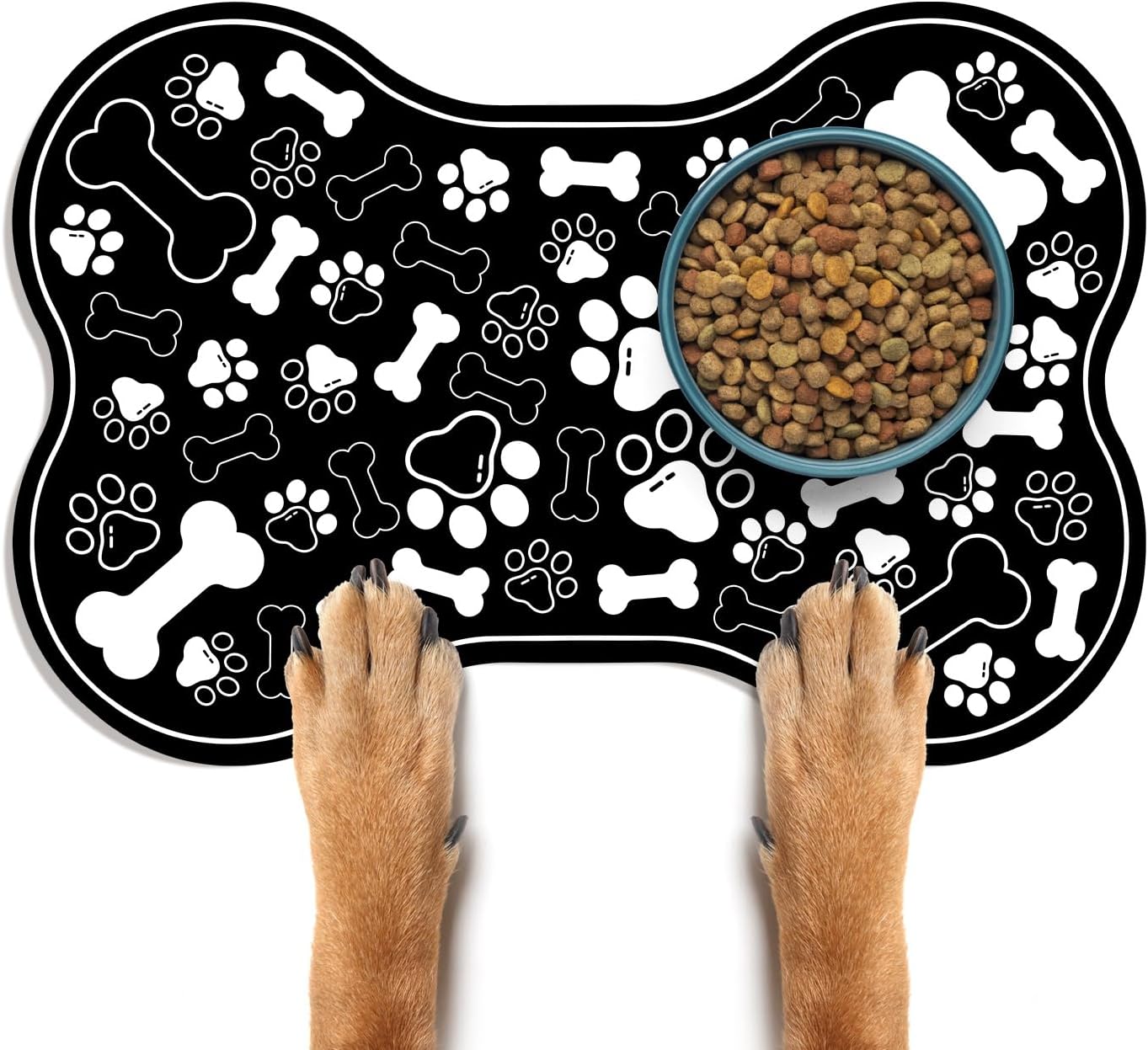 Dog & Cat Food Mat Bone Shaped Pet Feeding Mat Quick Absorb Water Bowl Placemat with Rubber Backing Indoor Floor Stain Resistant Pet Accessory Supplies (Black Small, 12x18 Inches)