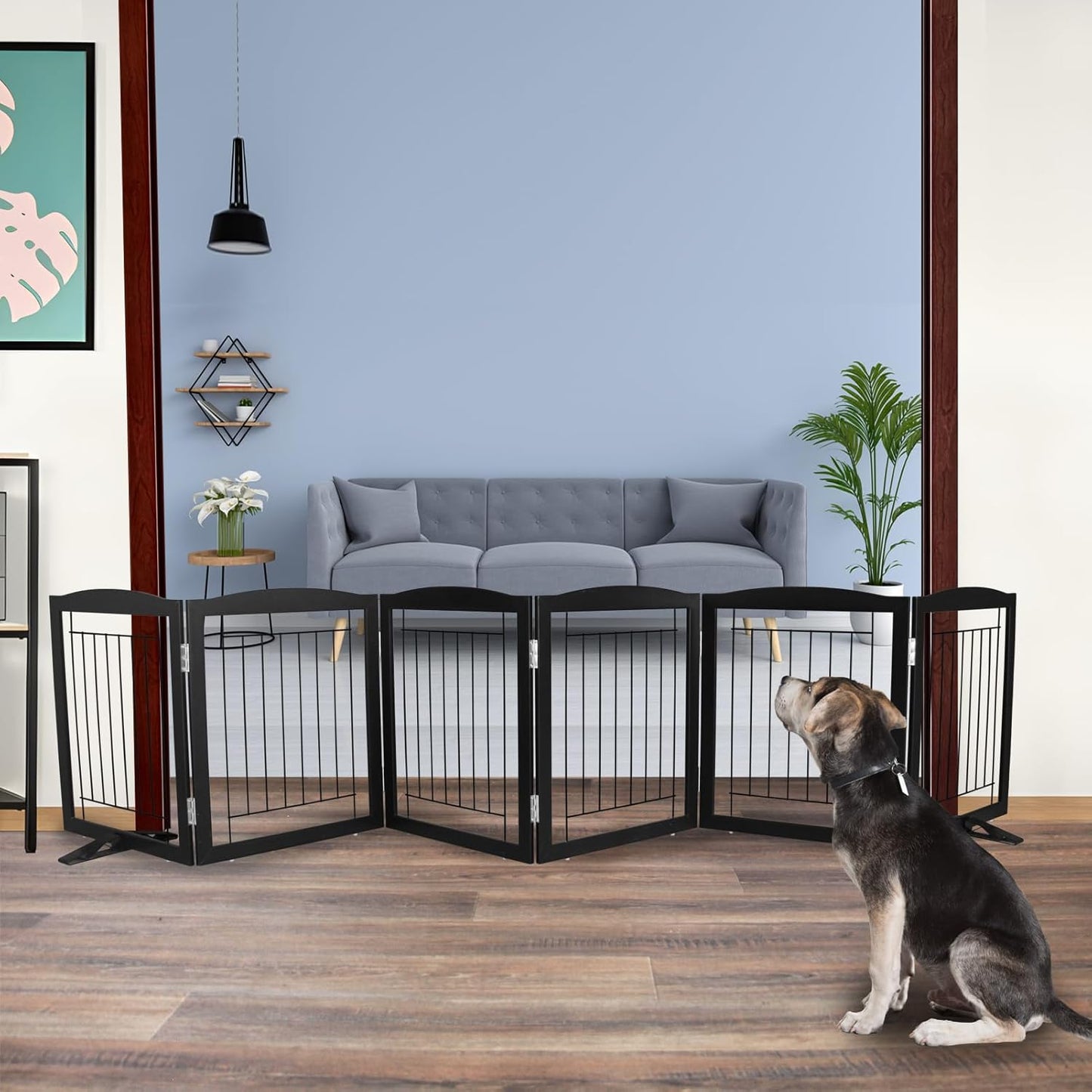 ZJSF Freestanding Dog Fence Indoor, Foldable Dog Gate for Doorways, Stairs or Hallways, Sturdy Wood Extra Wide Pet Gate with Support Feet for The House, Black, 24 "Height-6 Panels