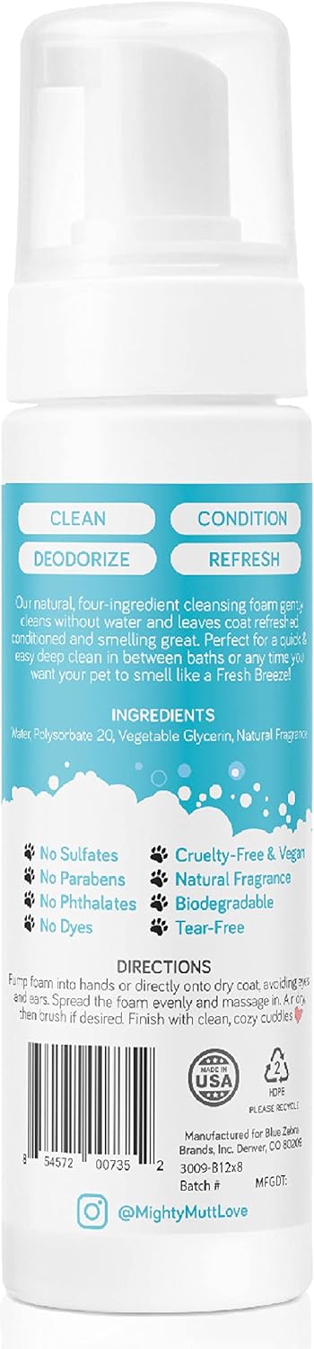 Mighty Mutt Hypoallergenic Waterless Shampoo for Dogs | Dry Shampoo for Dogs | Waterless Foam No Rinse | Anti-Itch, Soothing and Deodorizing | Fresh Breeze | 8 Fl Oz