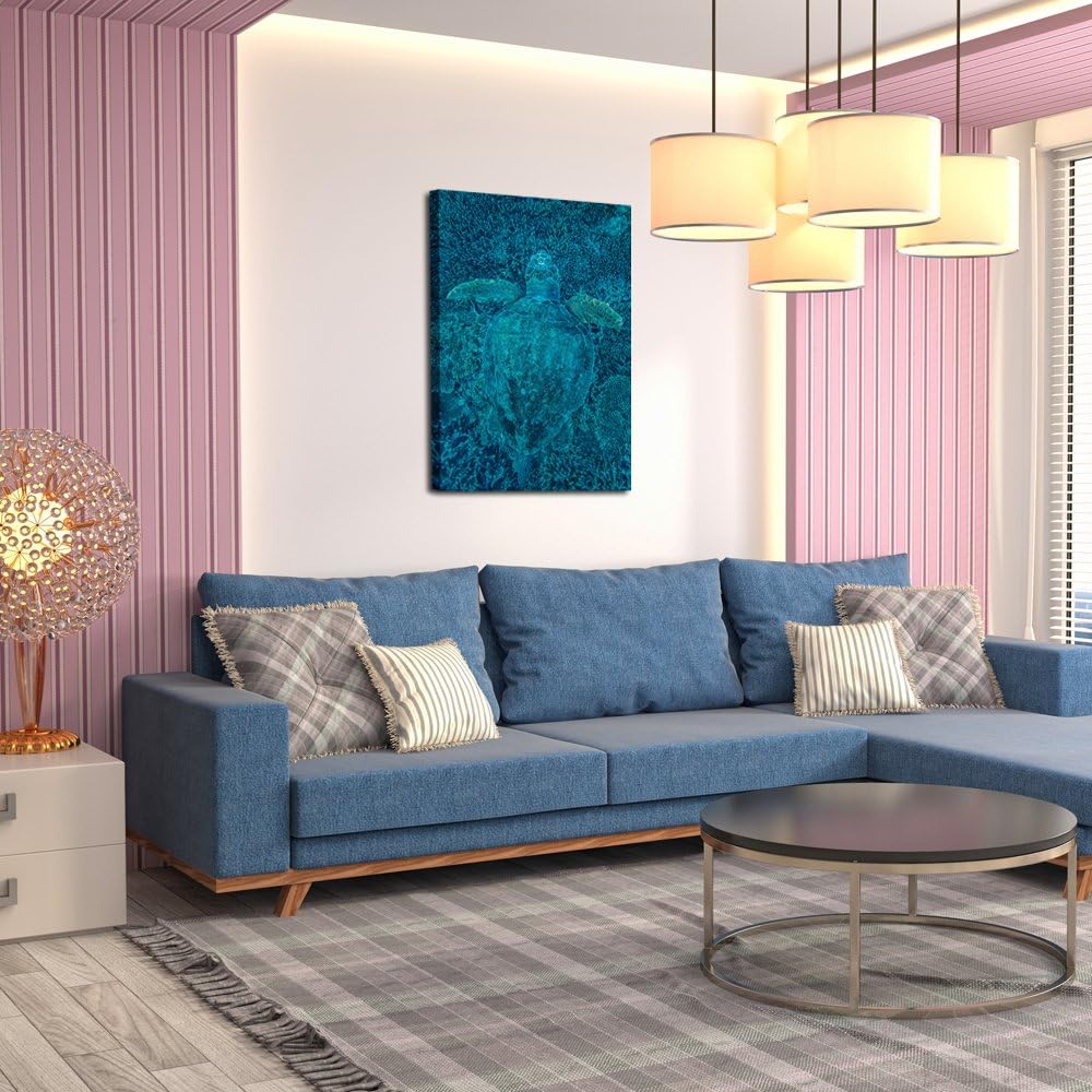 KREATIVE ARTS - Green Turtle Hidden in Coral Canvas Prints Sea Wall Art Underwater Sea Painting Print On Canvas Animal Pictures Framed Artwork For Home Office Decoration Gift 24x36inch