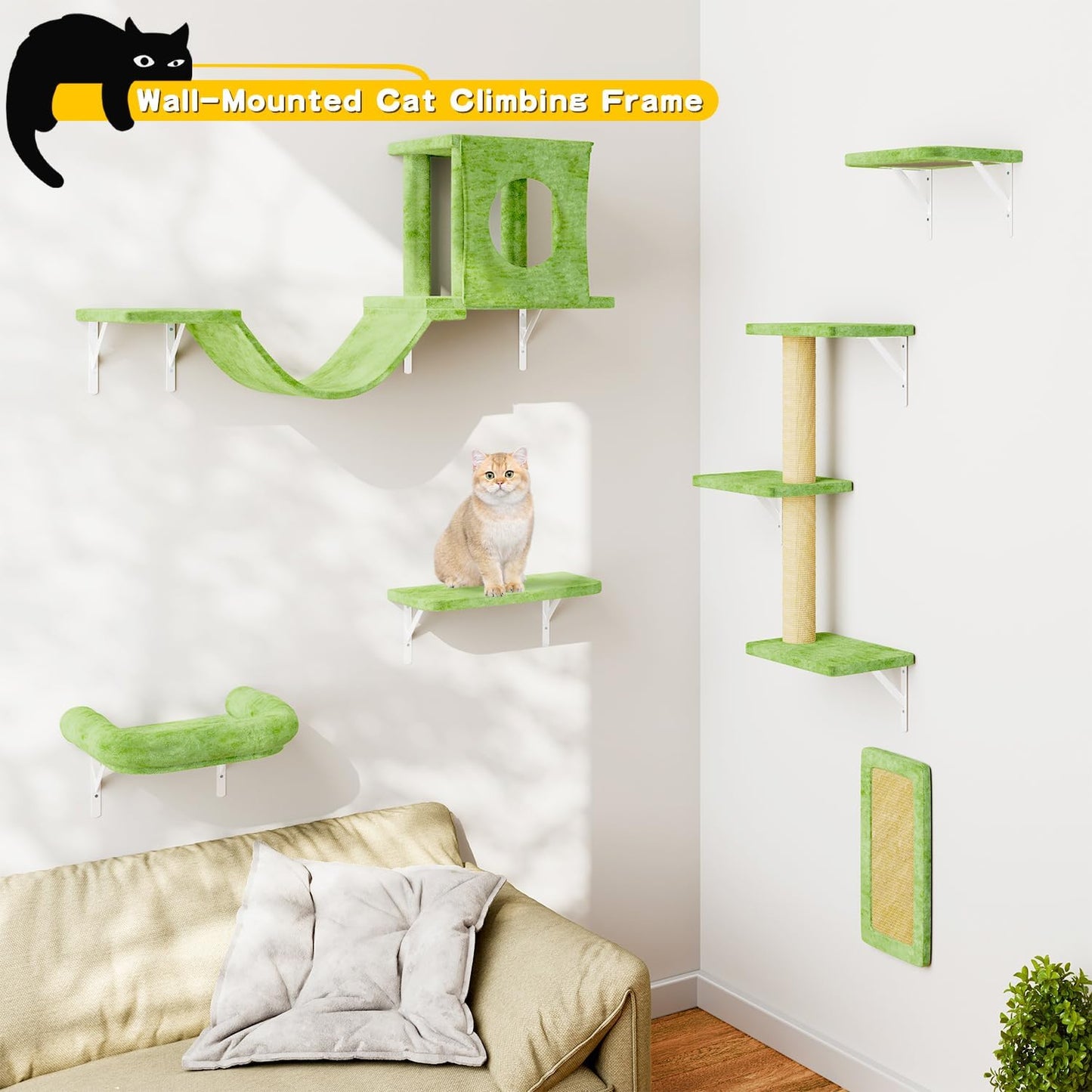 NUNU LAB Cat Wall Shelves, 6 Pcs Luxury Wall-Mounted Cat Climber Set, Indoor Cat Furniture with 1 Condos House, 2 Cat Wall Shelves, 1 Scratching, 1 Bridge Ladder, 1 Scratching Pad, Green