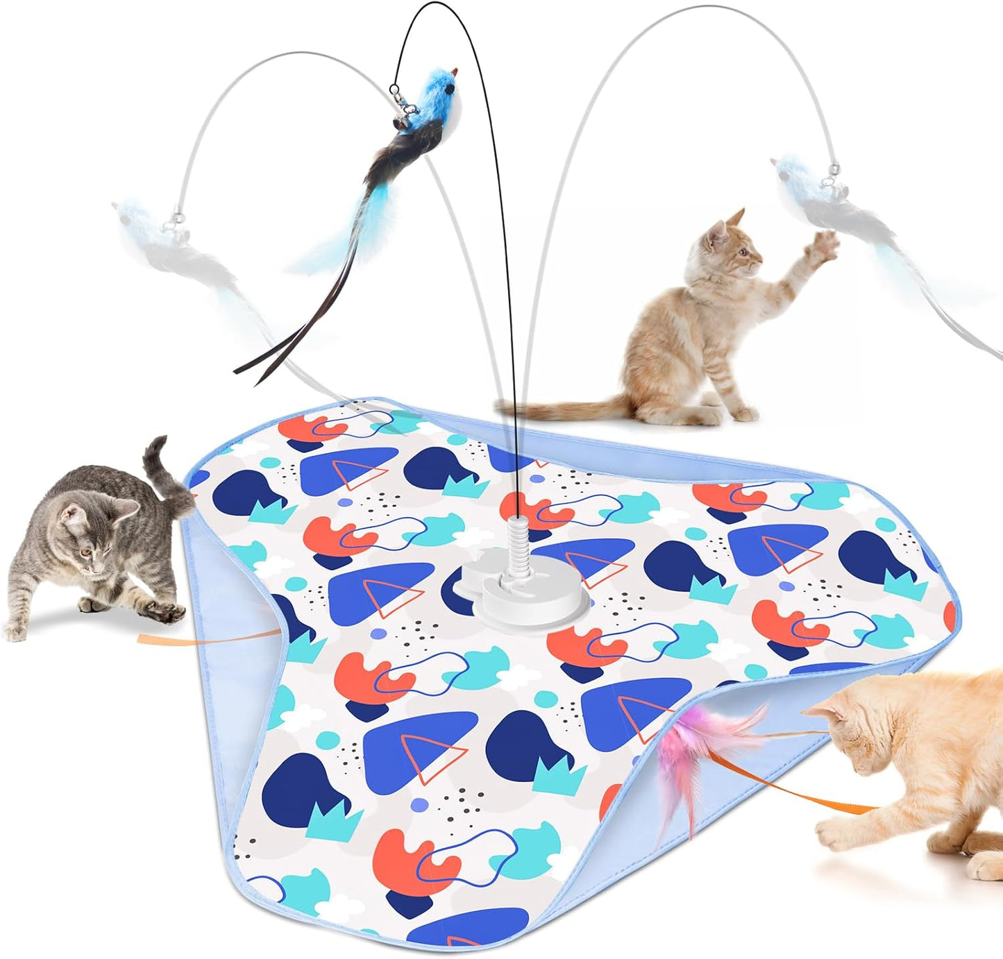 Interactive Cat Toys, Rechargeable Hide and Seek Cat Toys, Durable Stable Base Touch Activated Kitten Toy with Bird Cat Wand, Waving Concealed Feather Exercise Toy for Indoor Bored Cats/Kitten