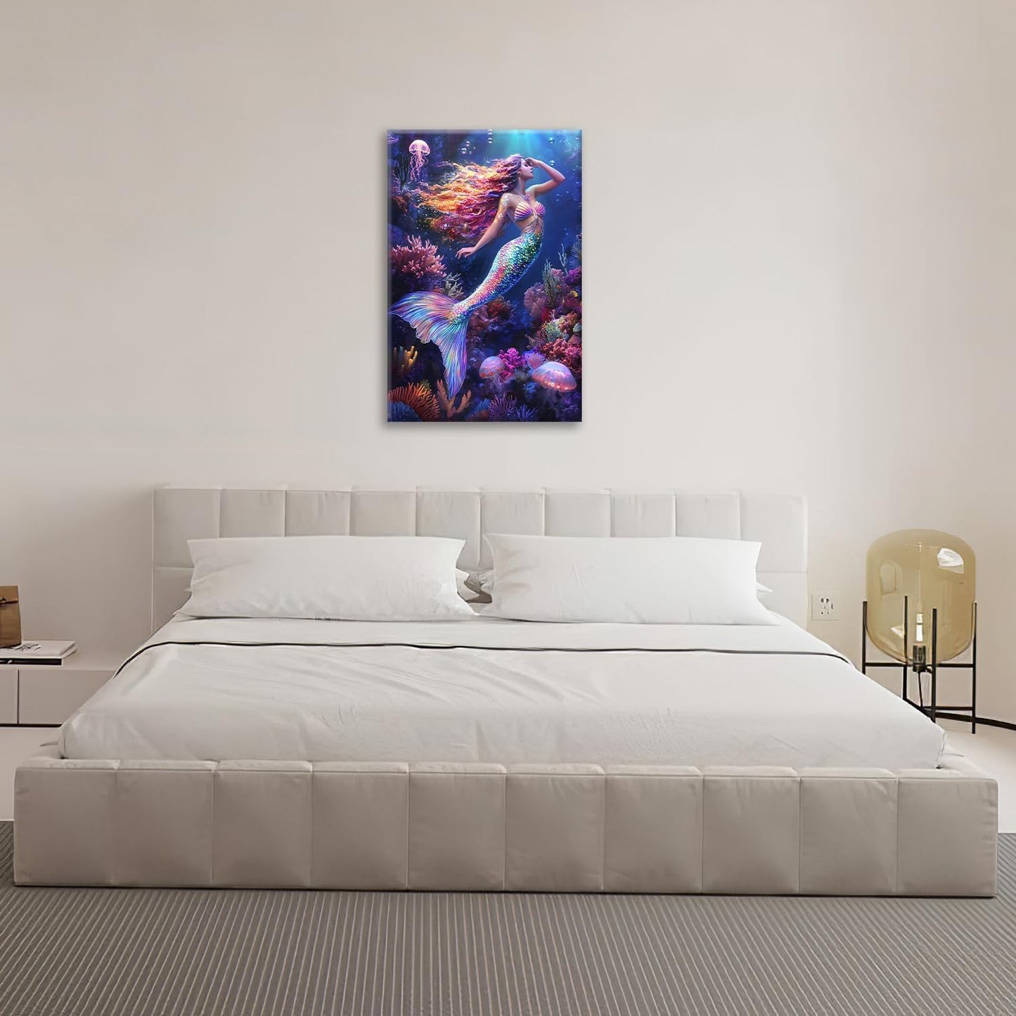 Sea Mermaid Bathroom Pictures Wall Art, Ocean Mermaid Bathroom Wall Decor, Aesthetics Framed Painting Canvas Artwork for Bedroom Living Room Decorations 24"L x 16"W