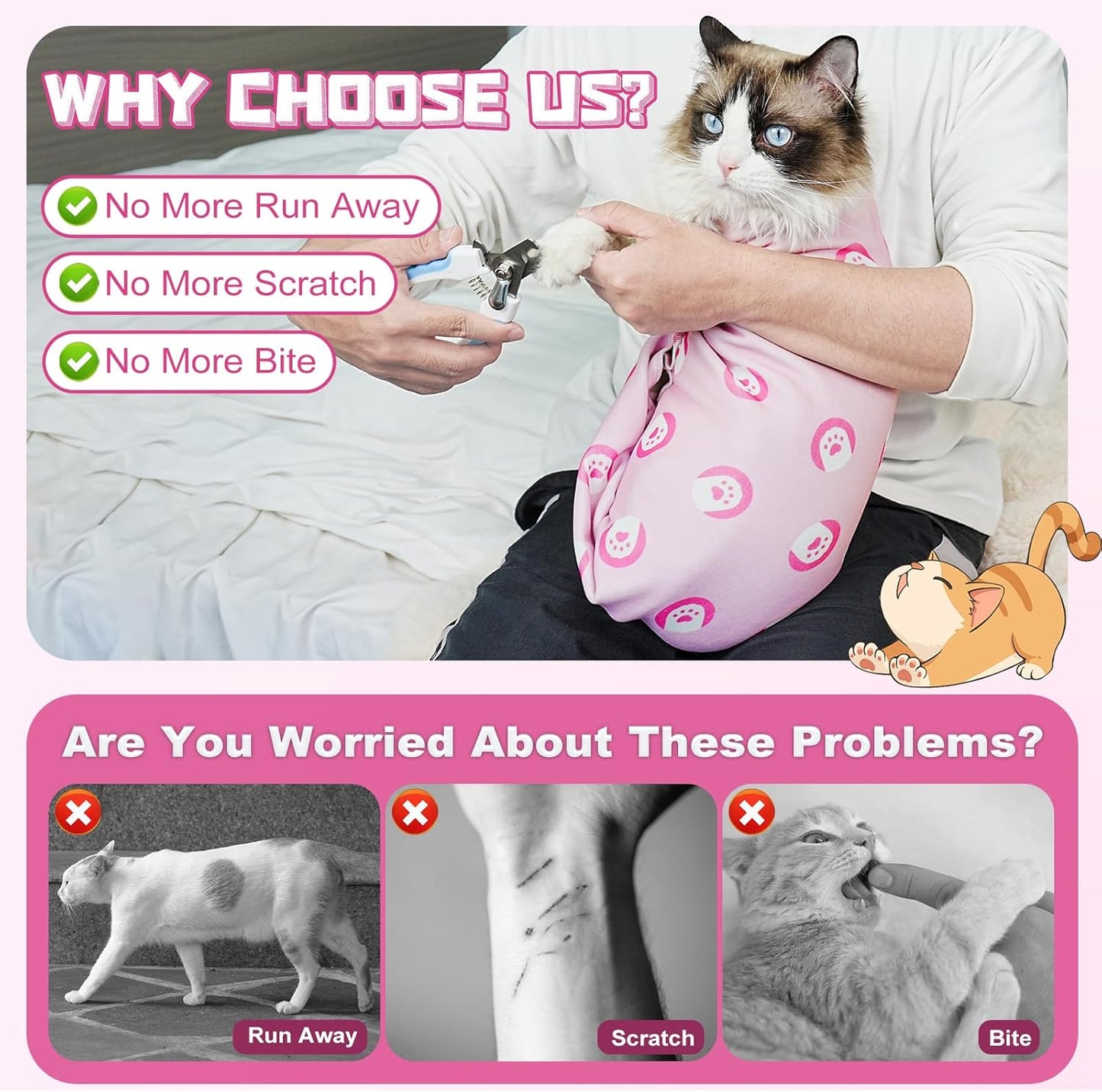 Supet Cat Wrap for Cutting Nails, Self-Adhesive Grooming Wrap, Anti-Scratch Cat Swaddle for Grooming, Ideal for Medicine, Nail Clipping, Teeth Brushing, Ear Cleaning