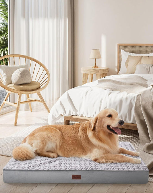 OhGeni Orthopedic Waterproof & Machine Washable Dog Bed for Large Pets, Suitable for Crates, 25D Egg Crate Foam, Non-Slip Bottom & Removable Cover, Houndstooth Fabric, 41 Inches(Gray)