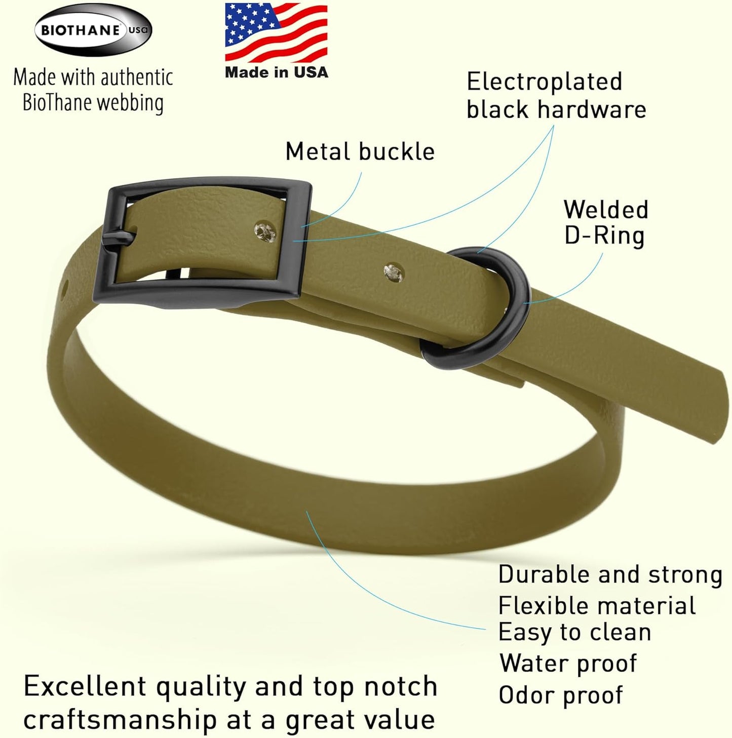 Dogline Biothane Waterproof Dog Collar Strong Coated Nylon Webbing with Black Hardware Odor- Proof for Easy Care Easy to Clean High Performance Fits Small Medium or Large Dogs, Olive Drab Green
