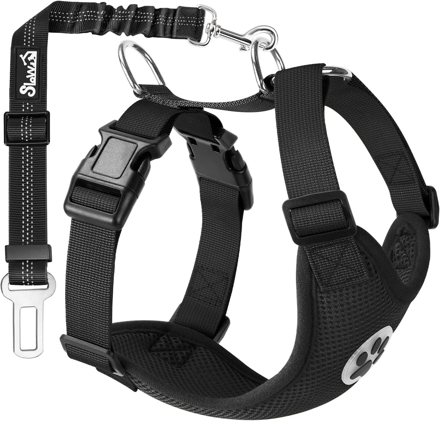 SlowTon Dog Seat Belt Harness for Car, Dog Car Harness Adjustable Mesh Breathable & Dog Seatbelt Safety Tether with Elastic Bungee for Small Medium Large Pets(Black, Single Clip, XXS)