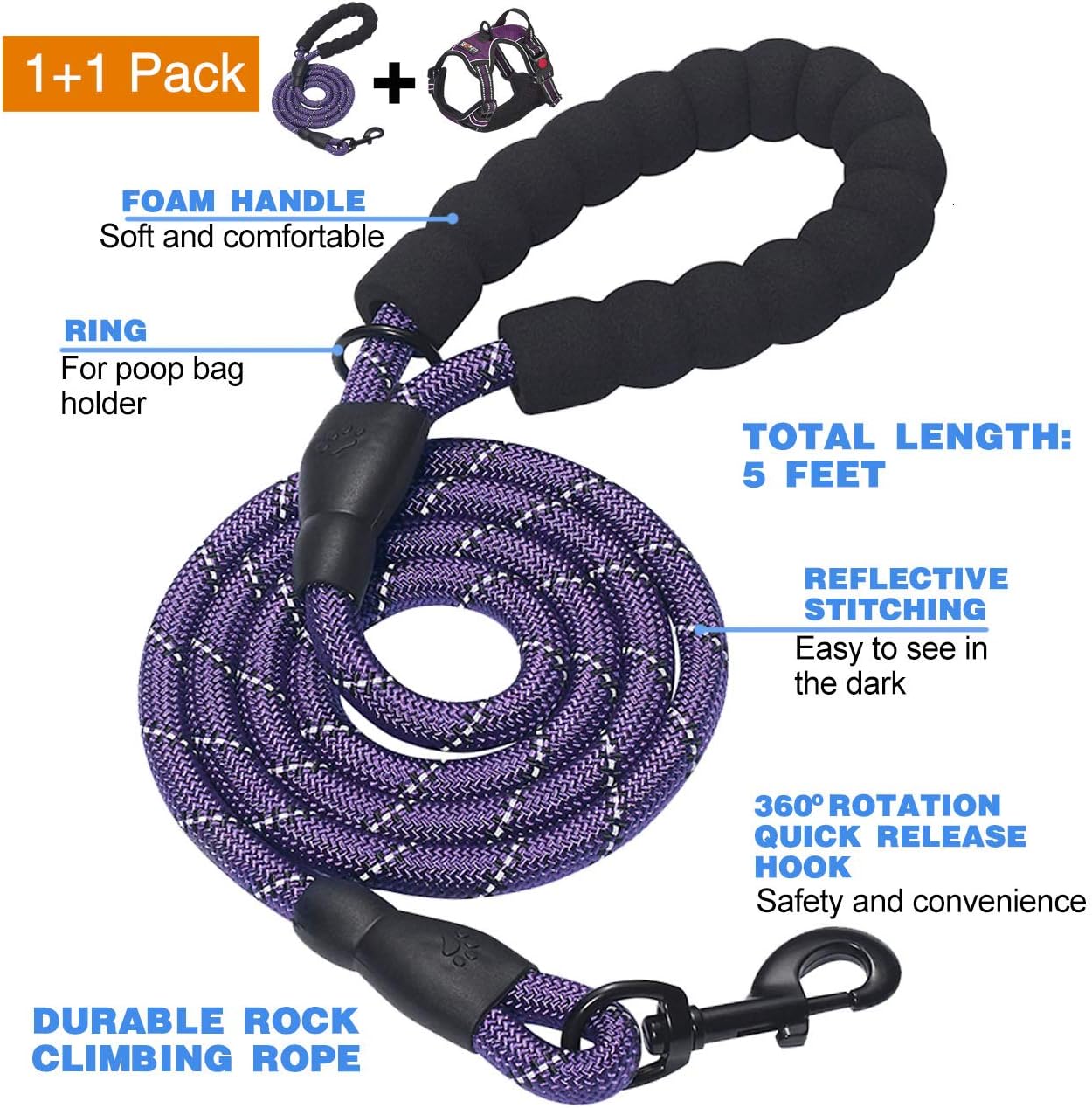 No Pull Dog Harness Adjustable Reflective Oxford Easy Control Medium Large Dog Harness with A Free Heavy Duty 5ft Dog Leash (S (Neck: 13"-18", Chest: 17.5"-22"), Purple Harness+Leash)